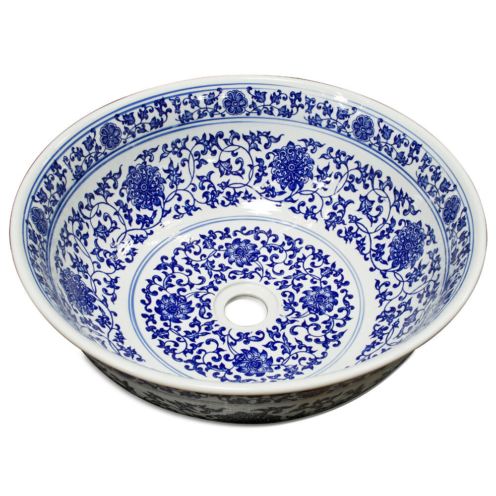 US Seller – Blue and White Porcelain Floral Motif Oriental Basin