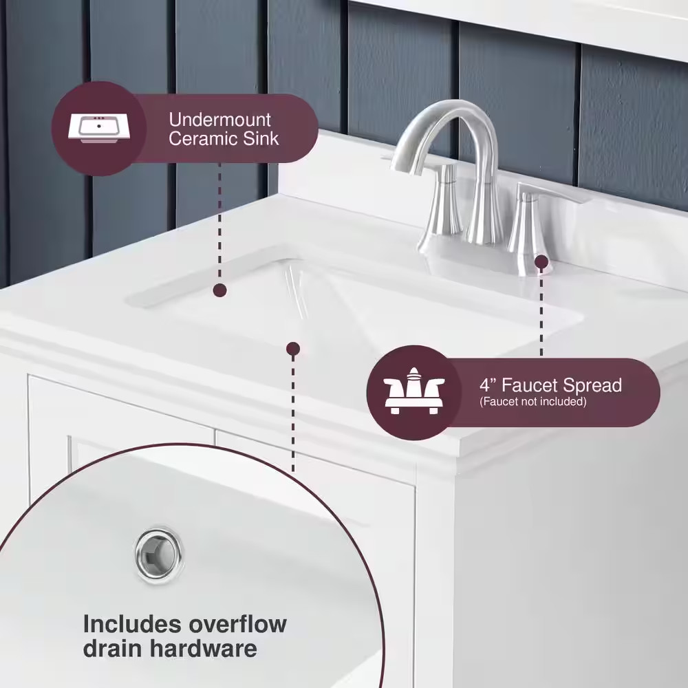 Tupelo 24 In. Single Sink Freestanding White Bath Vanity with White Engineered S