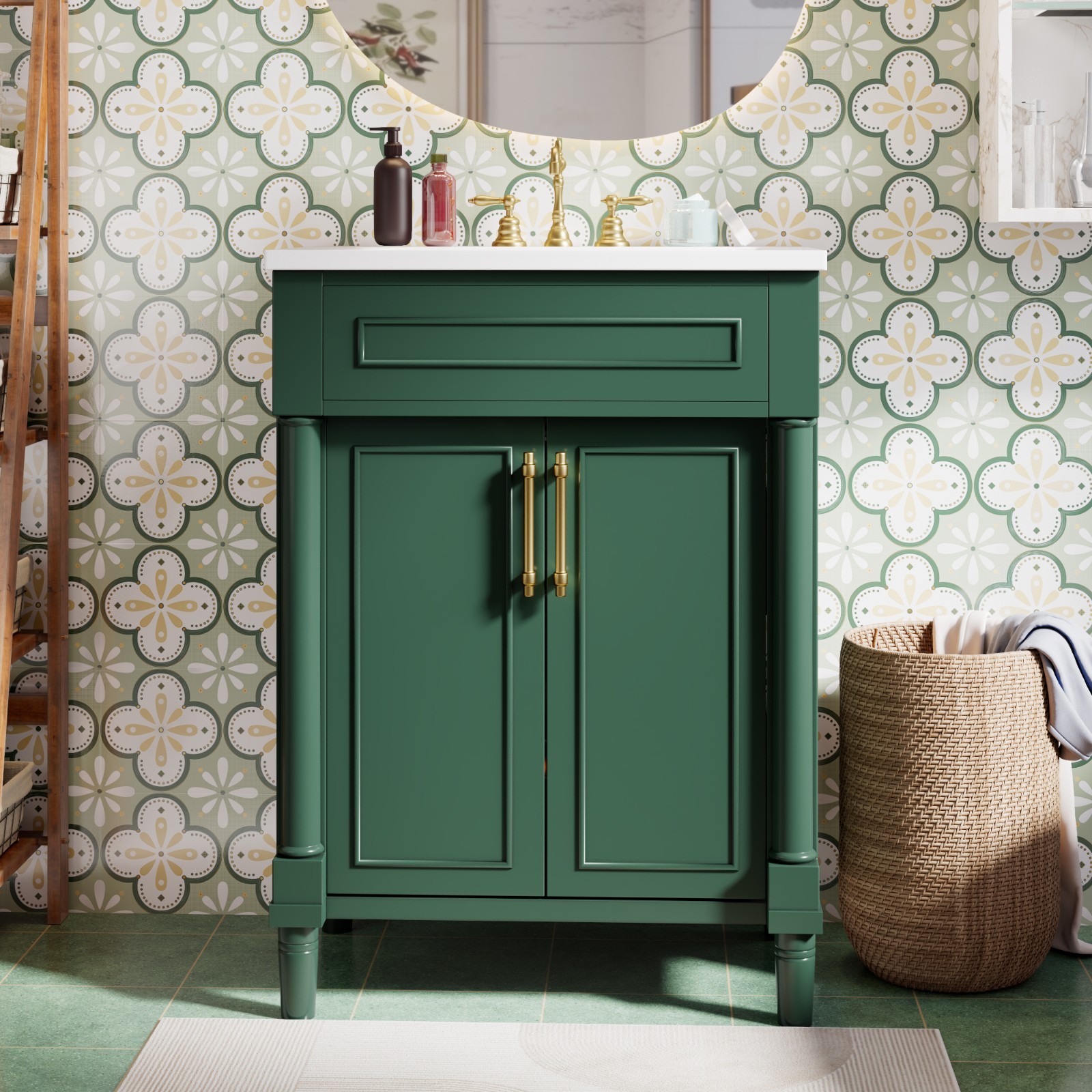 24″ Bathroom Vanity with Integrated Ceramic Sink, Bathroom Cabinet with 2 Doors