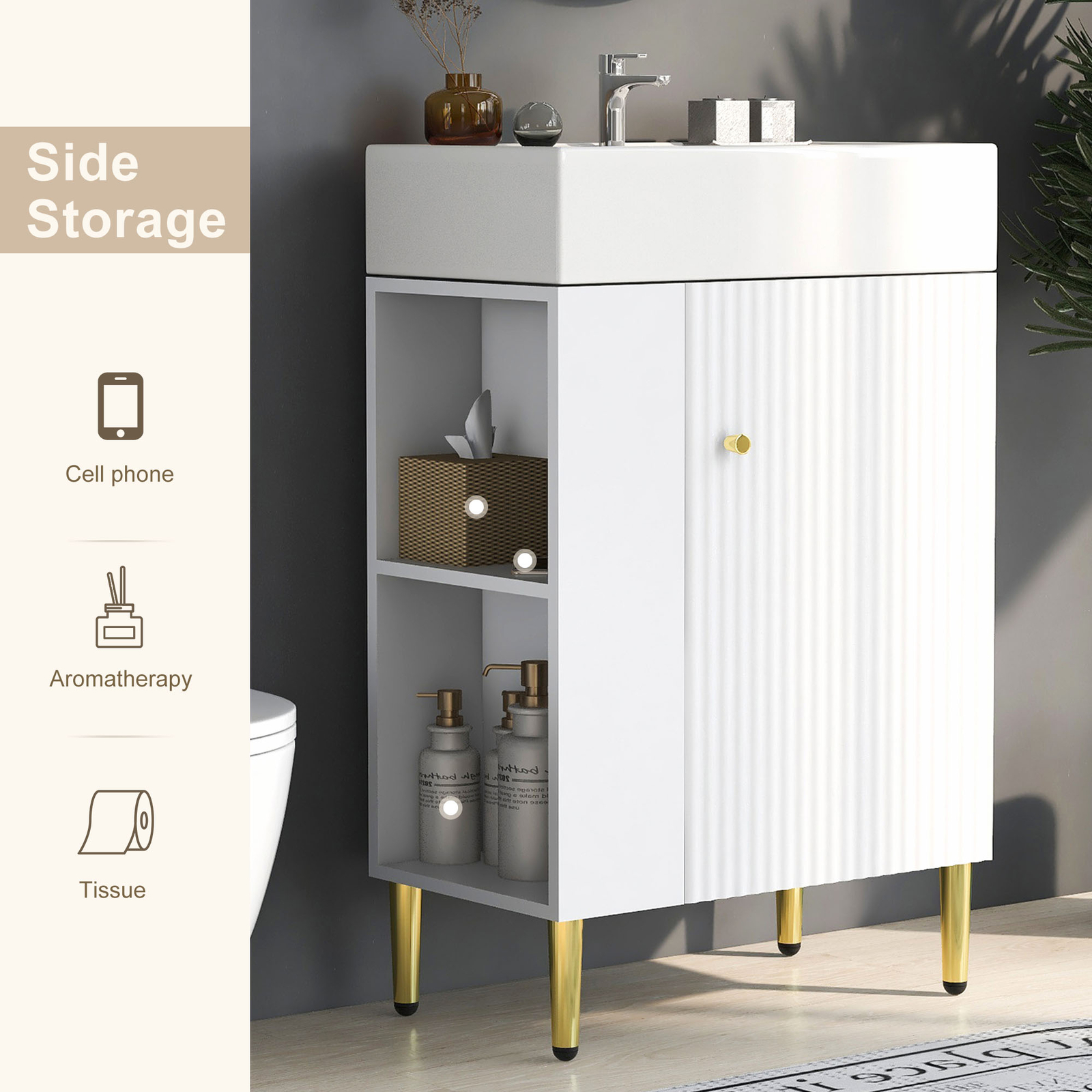 21.6″ Small Bathroom Vanity with Ceramic Sink Top with 1 Door and Side Shelves