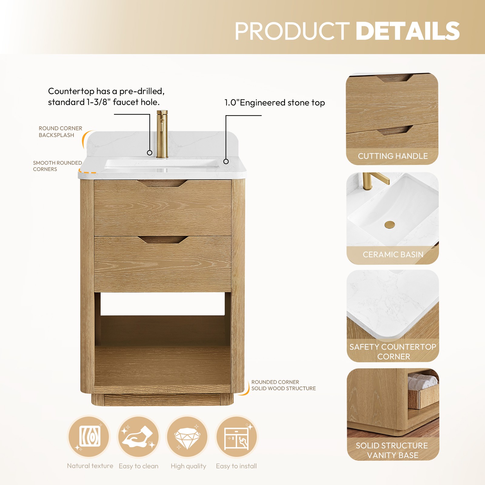 Harbin 24″ Single Bath Vanity in Washed Ash Grey with White Grain Stone Top