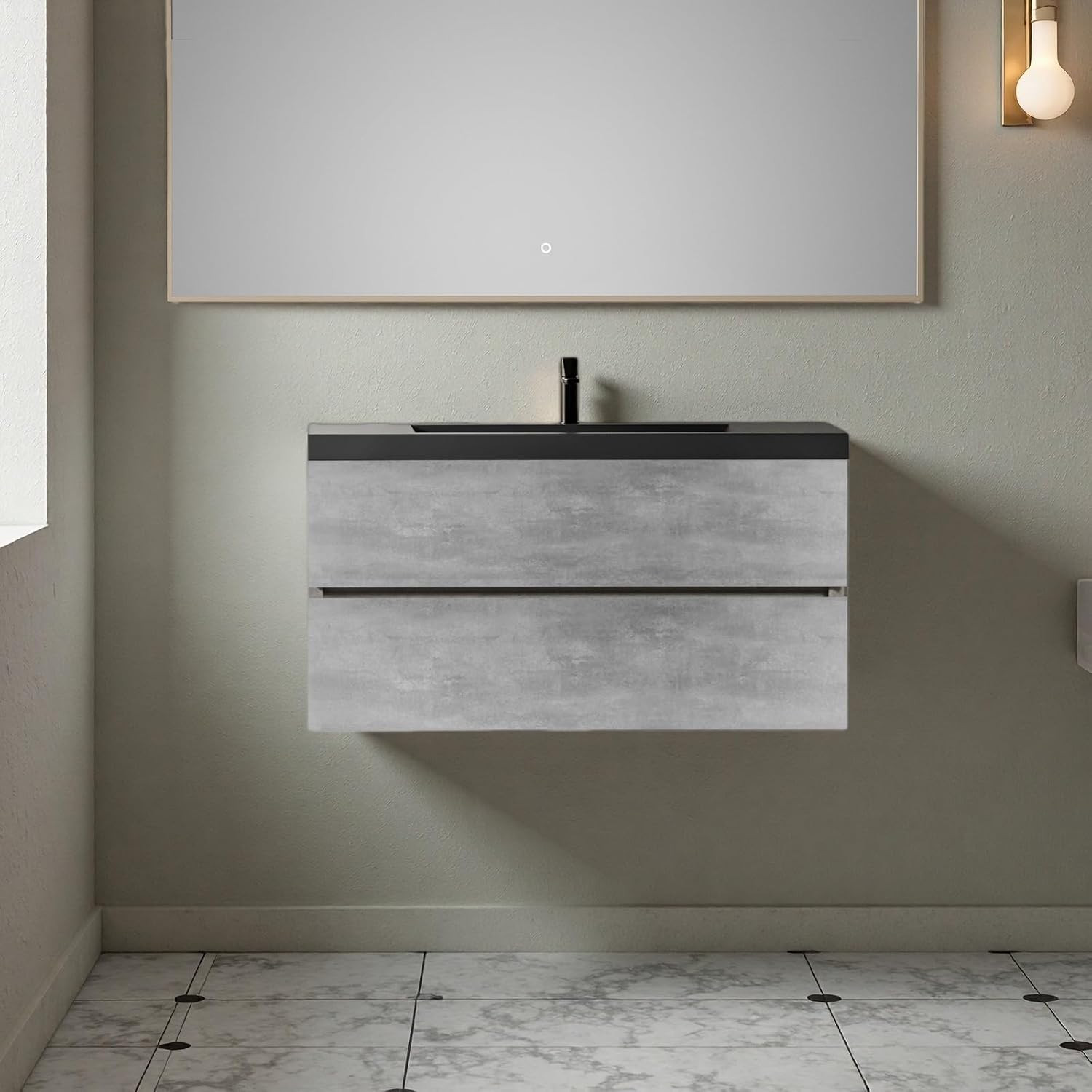 Modern 42″ Floating Bathroom Vanity with Quartz Sink & U-Shaped Drawers, Grey