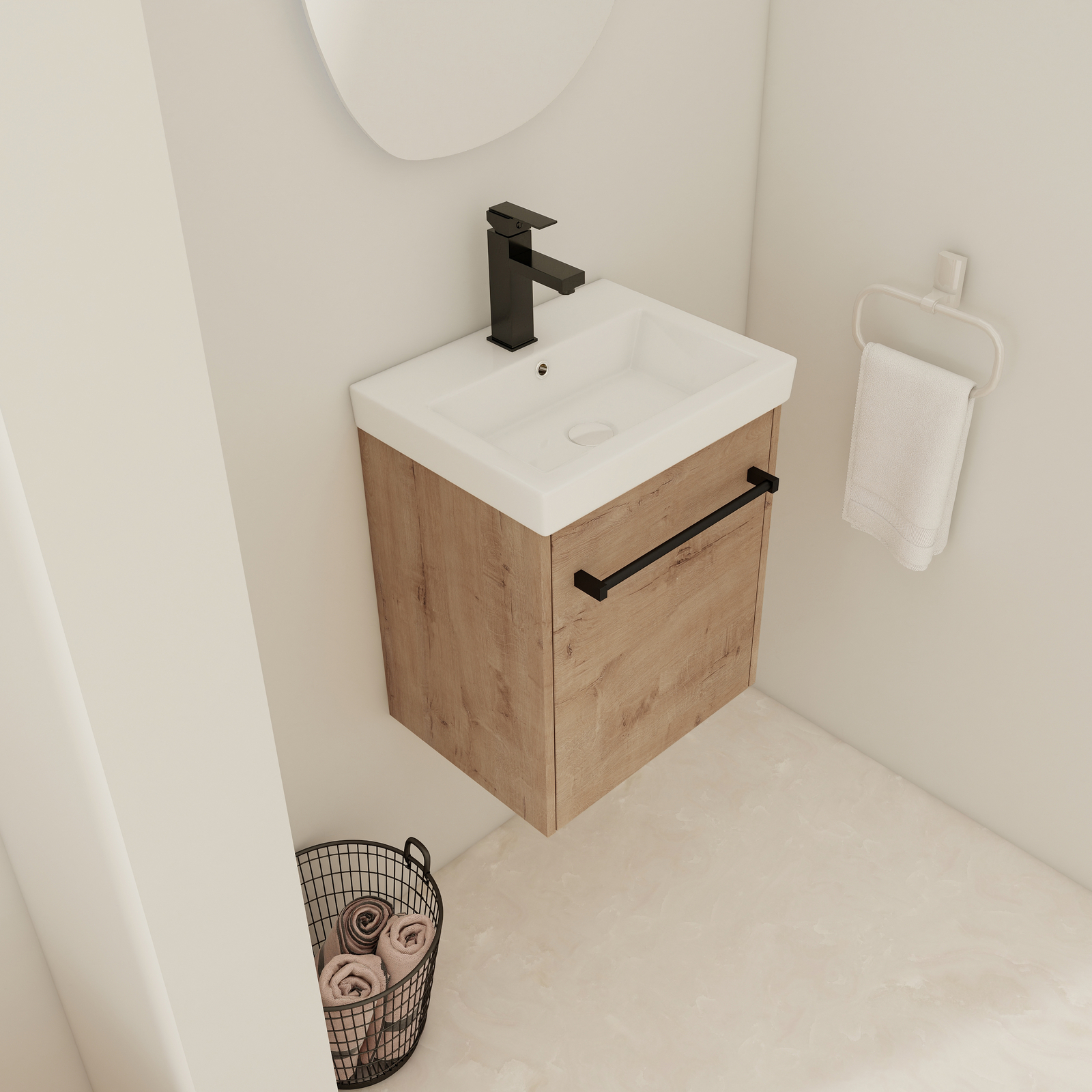 18in Wall-Mounted Small Bathroom Vanity Cabinet W/ Undermount Ceramic Sink Oak