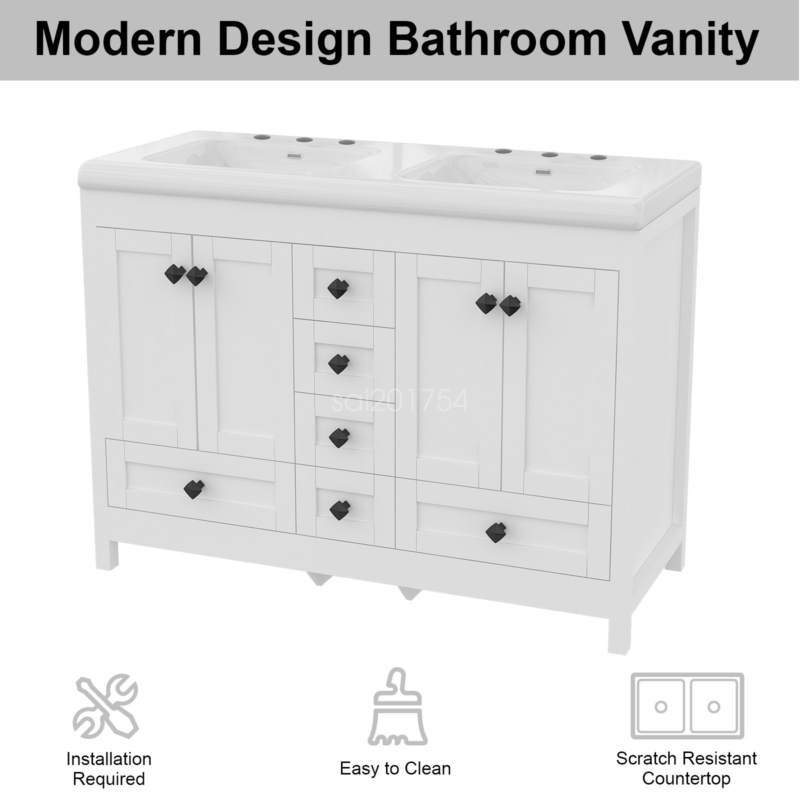 47.3″ Bathroom Vanity Freestanding Double-Basin Ceramic Sink Cabinet Washbasin
