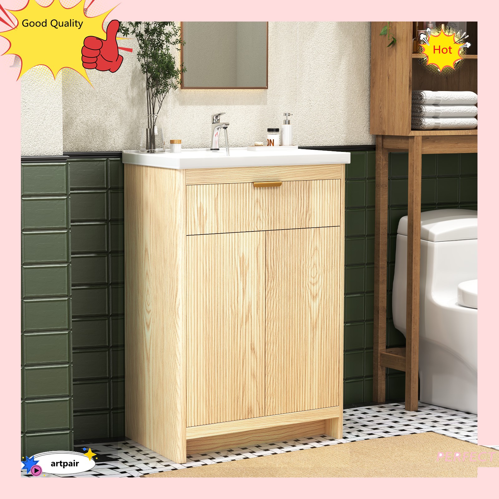 23.6″ Bathroom Wood Vanity &Ceramic Sink,Freestanding Storage Cabinet Vanity NEW