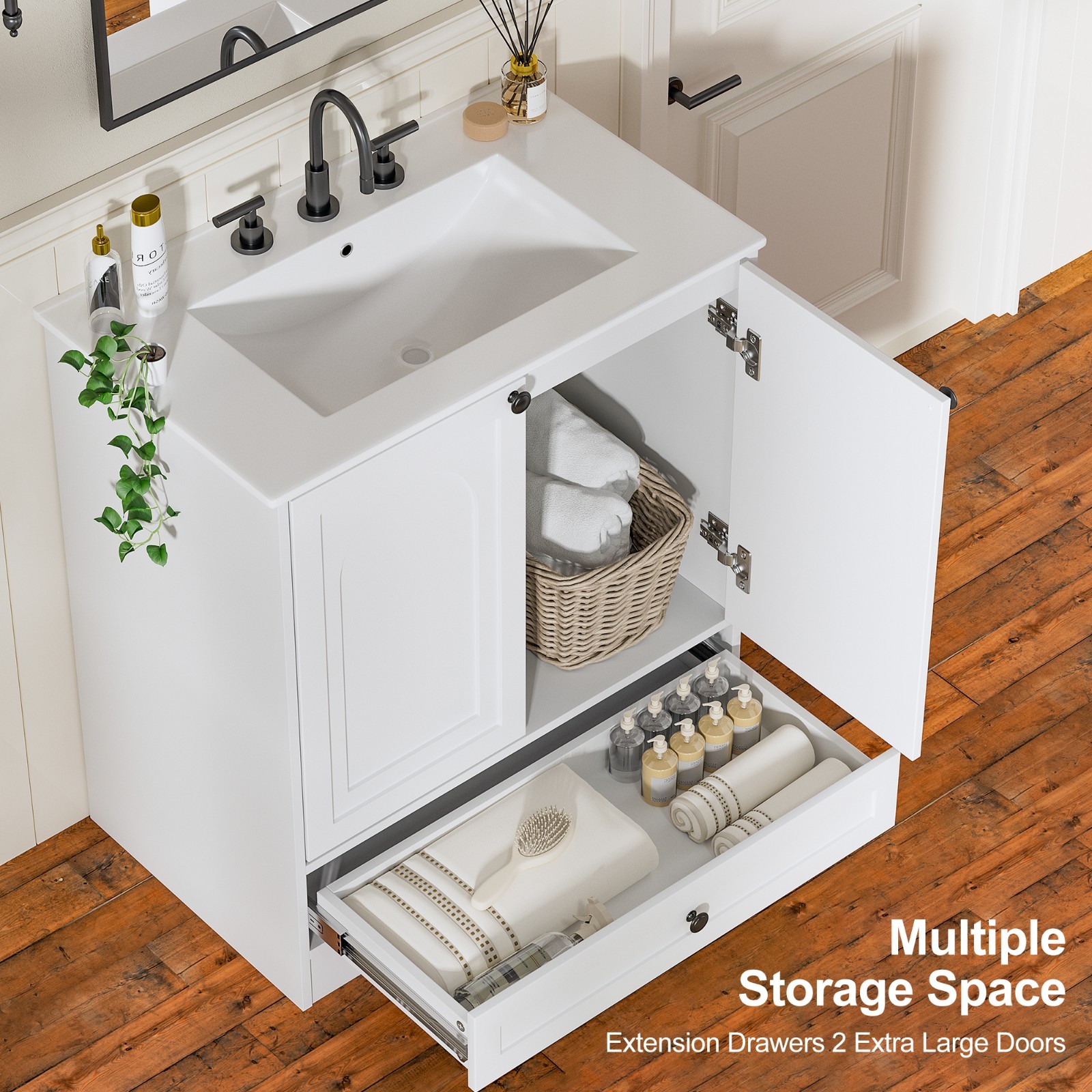 30″ Bathroom Vanity with Sink, Freestanding Bath Vanity Cabinet 2 Doors, Drawer
