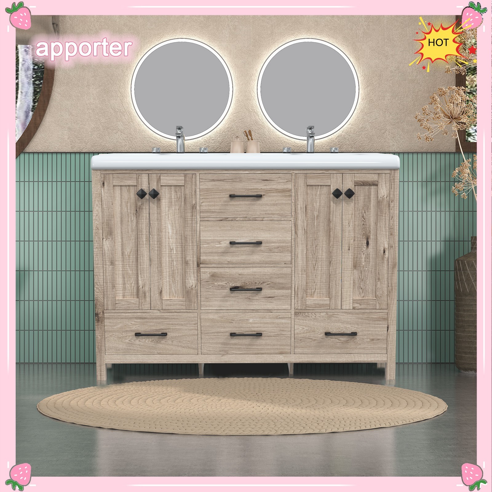 47 in Bathroom Vanity Retro Bathroom Storage Cabinet with Ceramic Sink Modern US