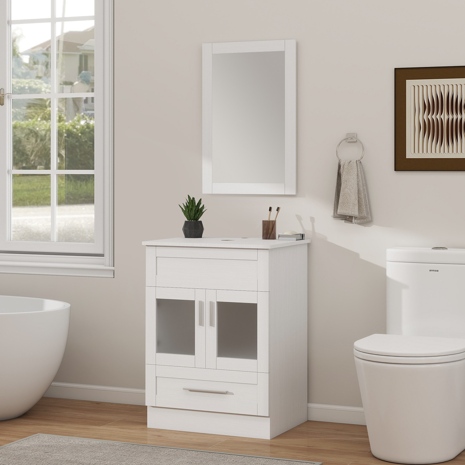 24″Bathroom Vanity All in One, Storage Cabinet, Mirror & Drawers