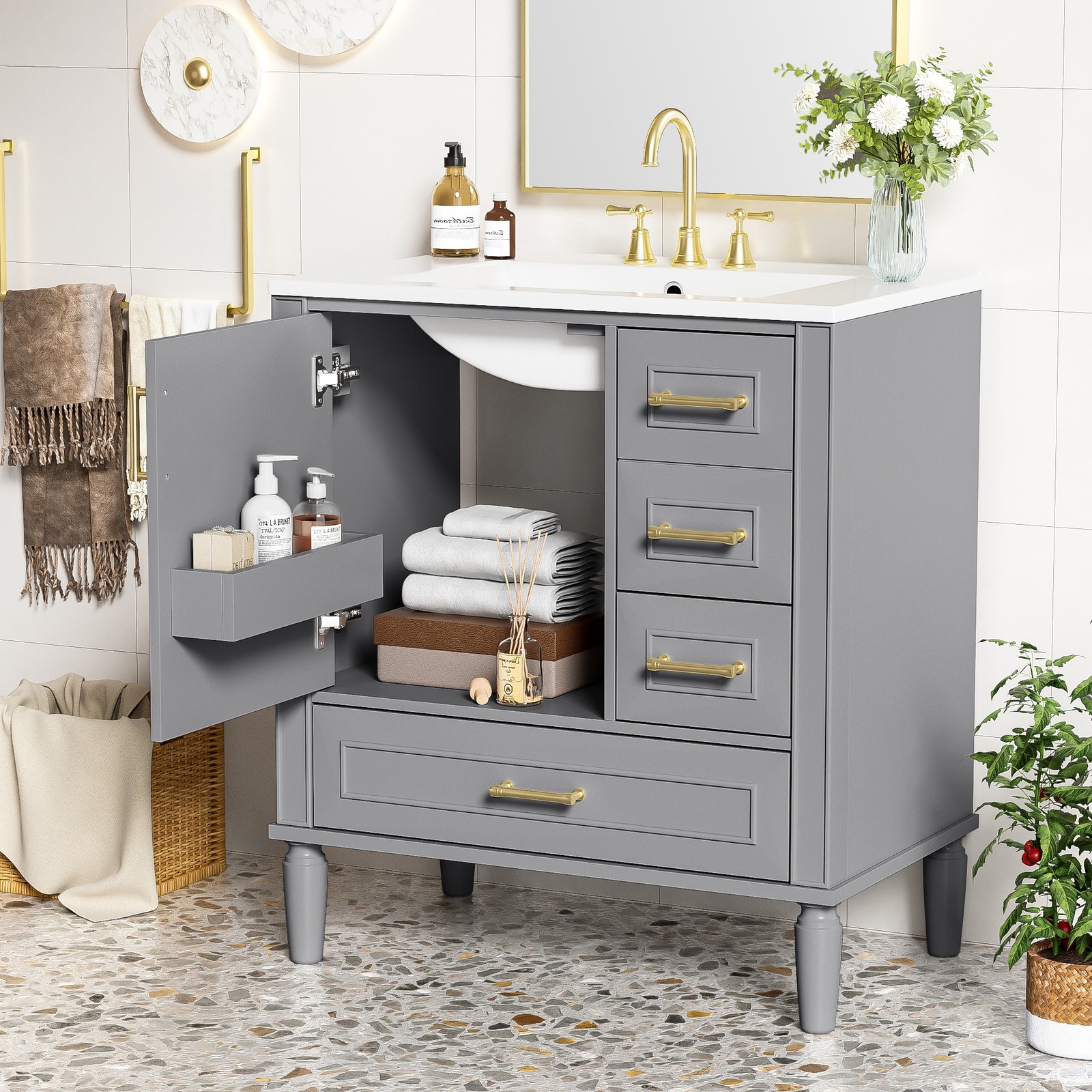 30″ Bathroom Vanity Set Floor Standing Bathroom Storage Cabinet w/Three Drawers