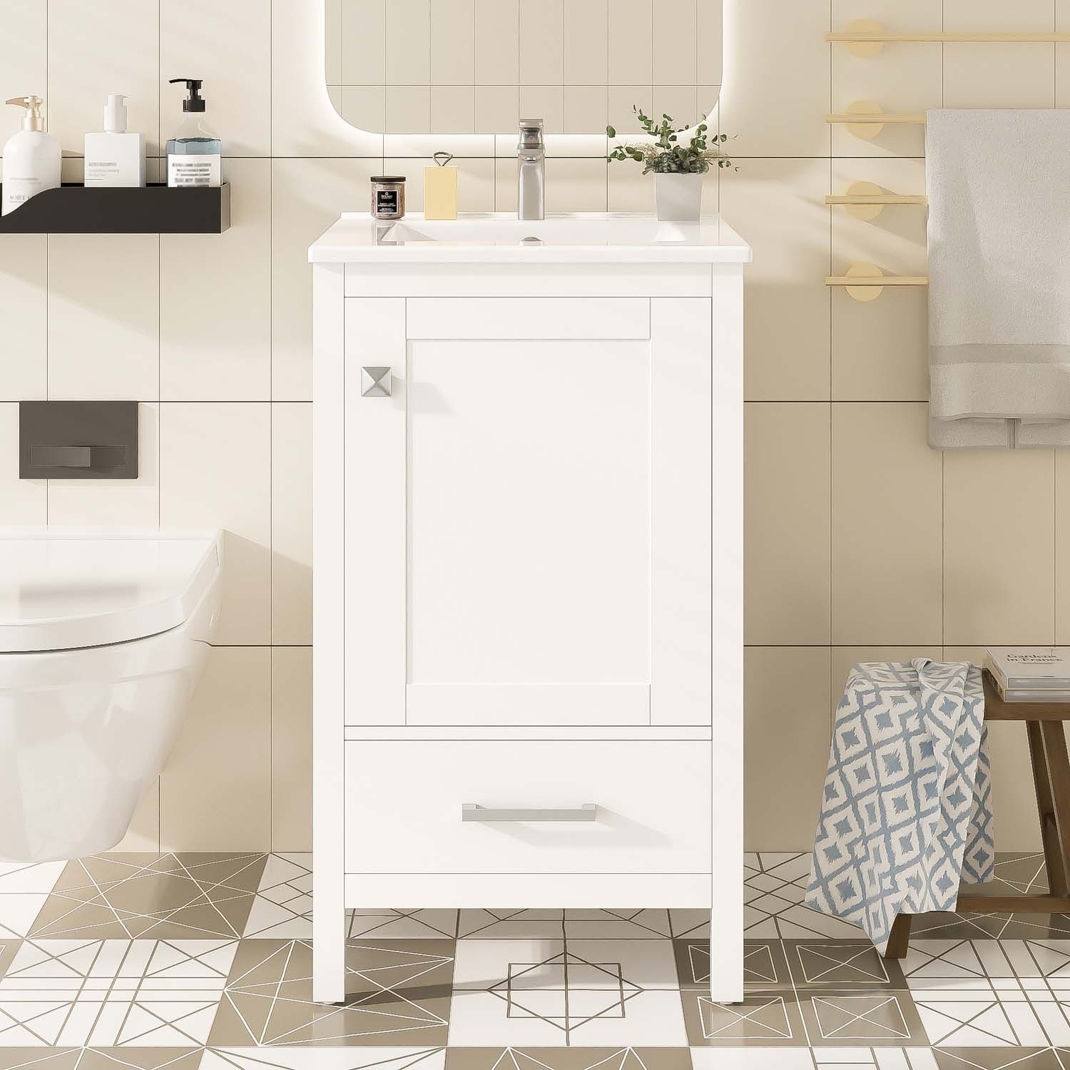 20″ Small Bathroom Vanity Ceramic Sink Combo Soft Close Storage Cabinet White
