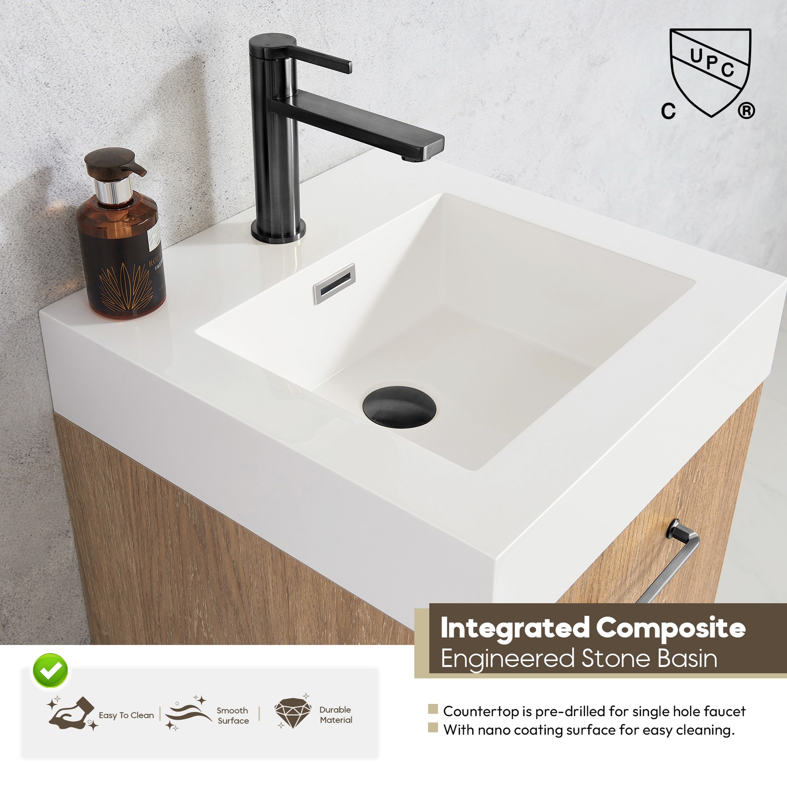 Vinnova Alistair 18″ White Stone Top Oak Single Vanity Black Frame w/o Mirror