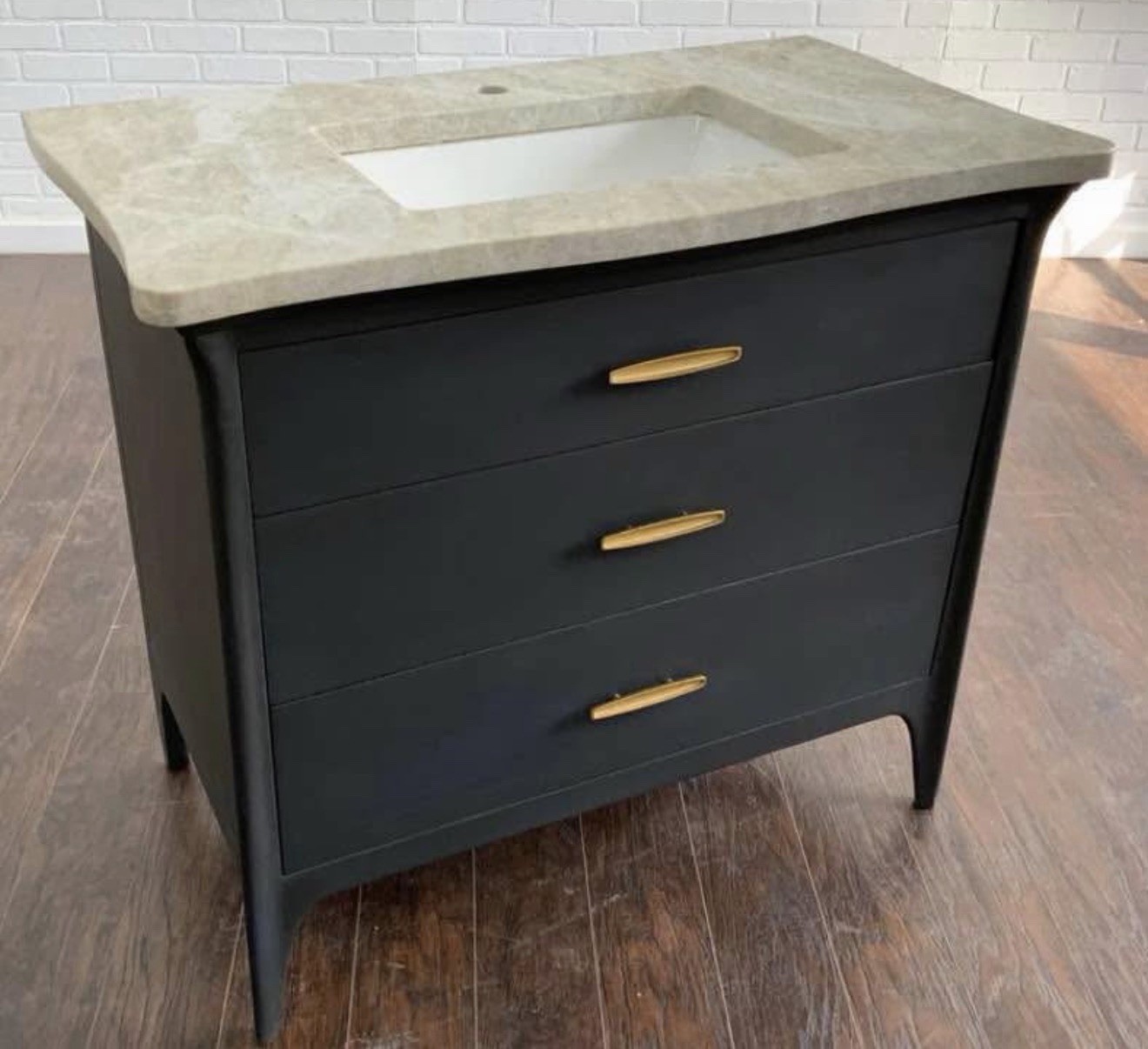 38×21 Black Art Deco Freestanding Single Sink Vanity, Stone Top, 3 Drawers