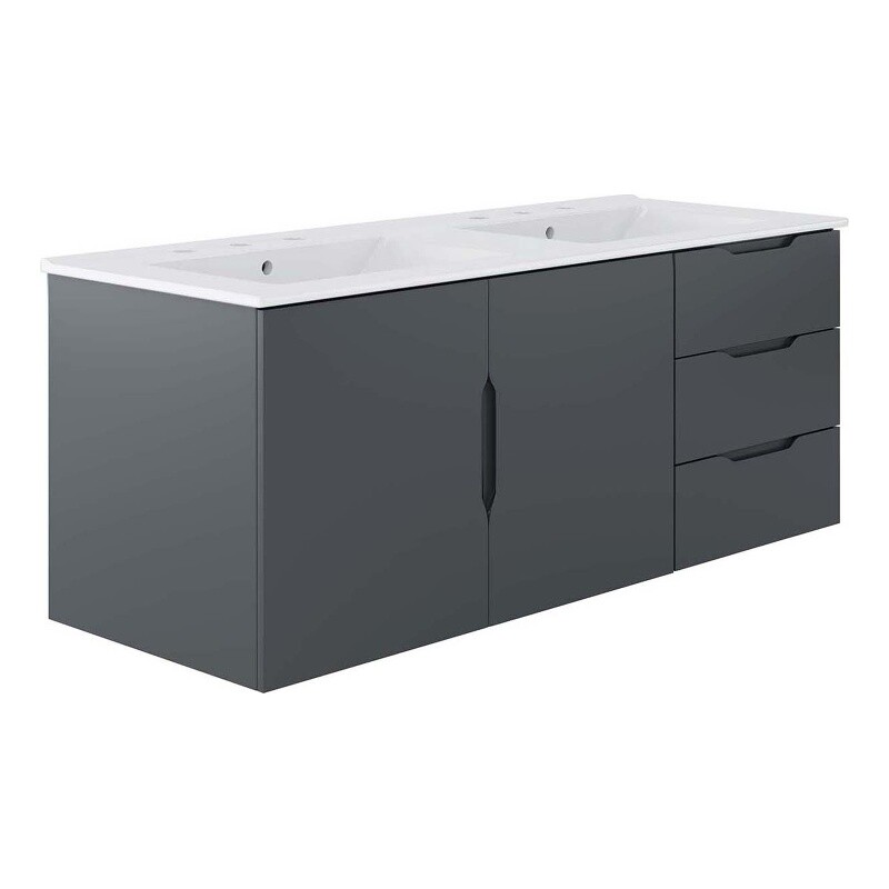 Modway Vitality 48″ Double Sink Wood & Ceramic Bathroom Vanity in Gray/White