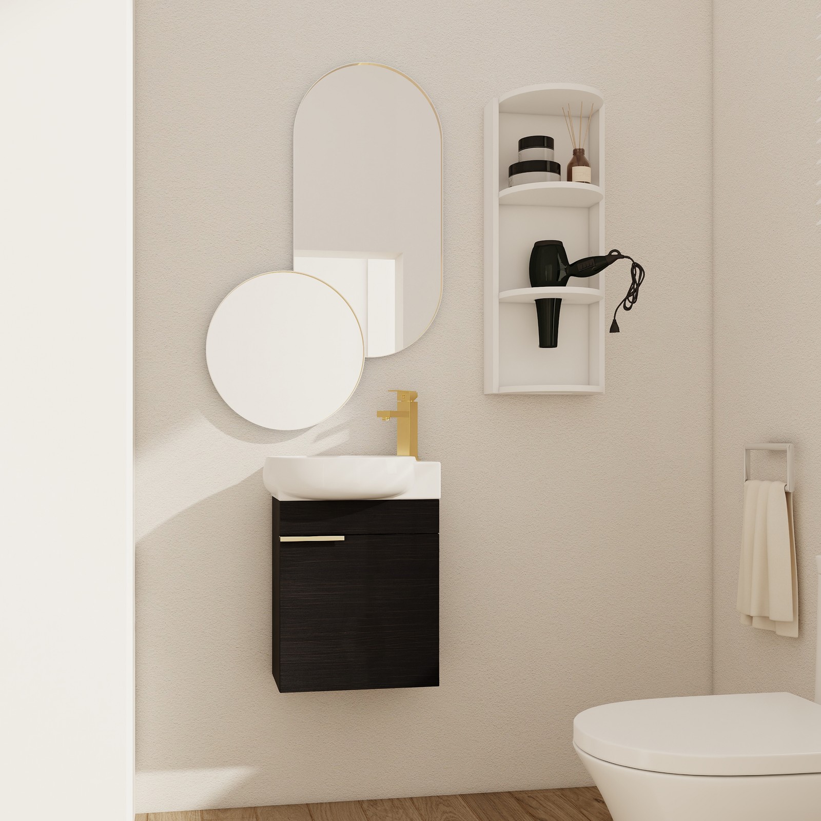 16In Freestanding Bathroom Vanity With Ceramic Sink Basin W/ Storage Rack Black