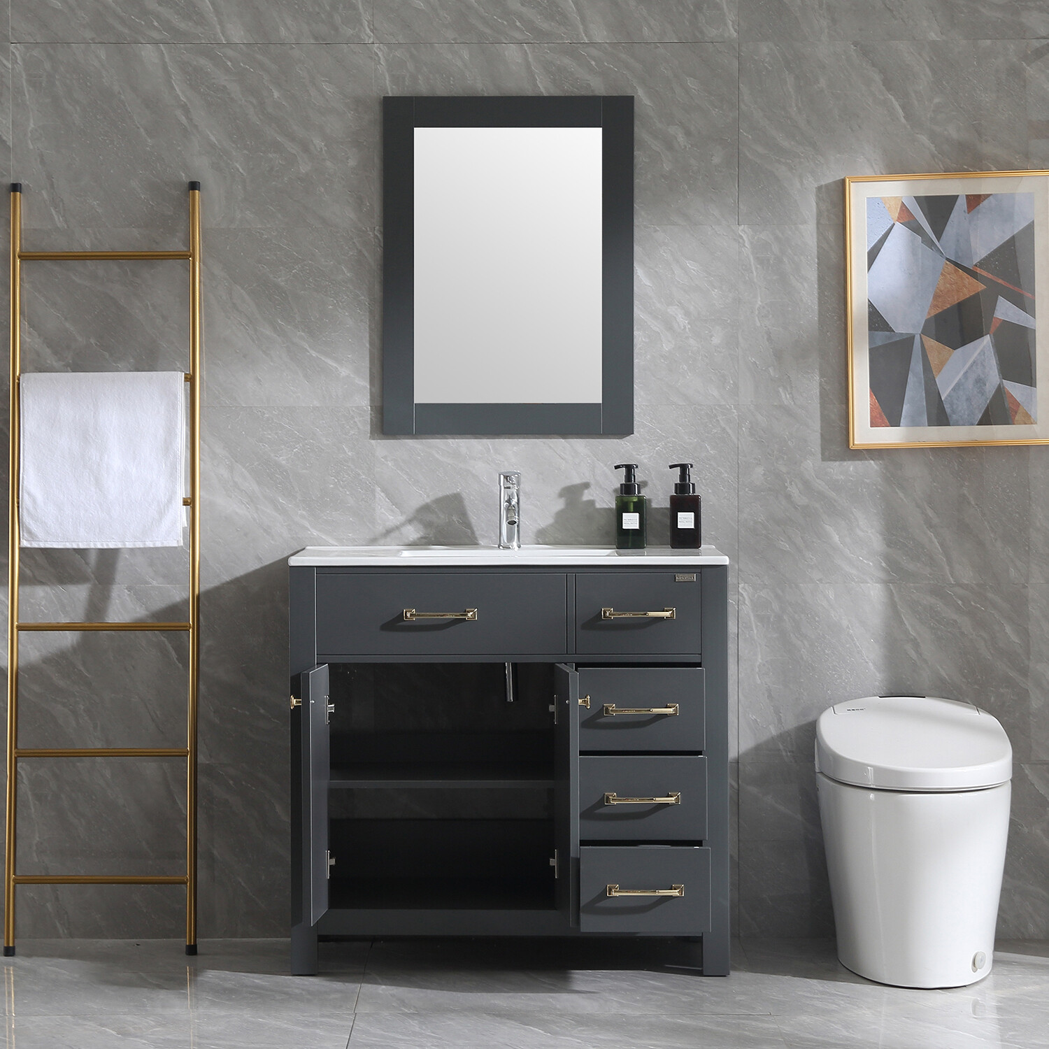 Wonline 36″ Bathroom Vanity Gray Cabinet & Ceramic Vessel Sink Shaker Vanity Set