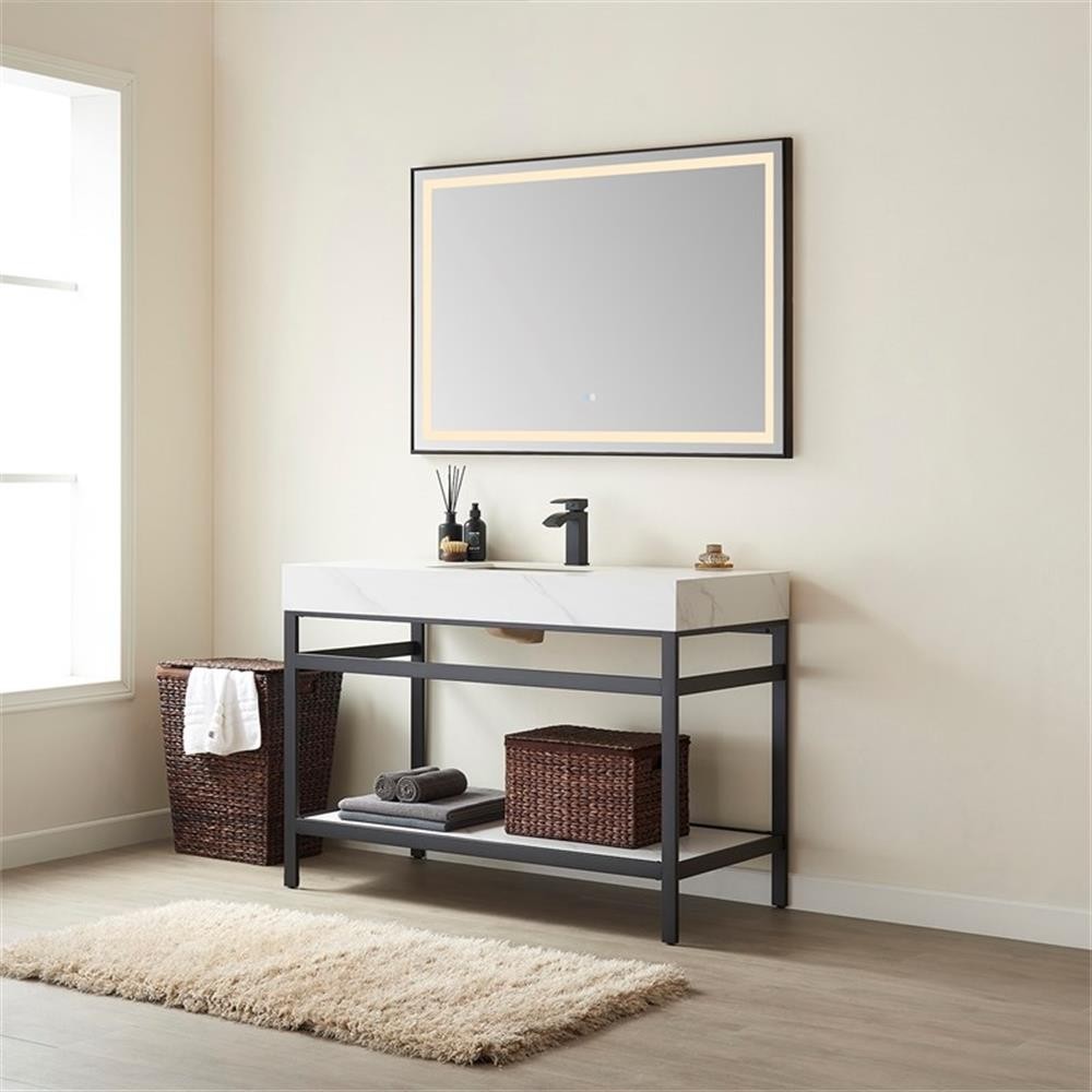 Funes 48″ Single Sink Bathroom Vanity in Matte Black Frame White Top w/ Mirror