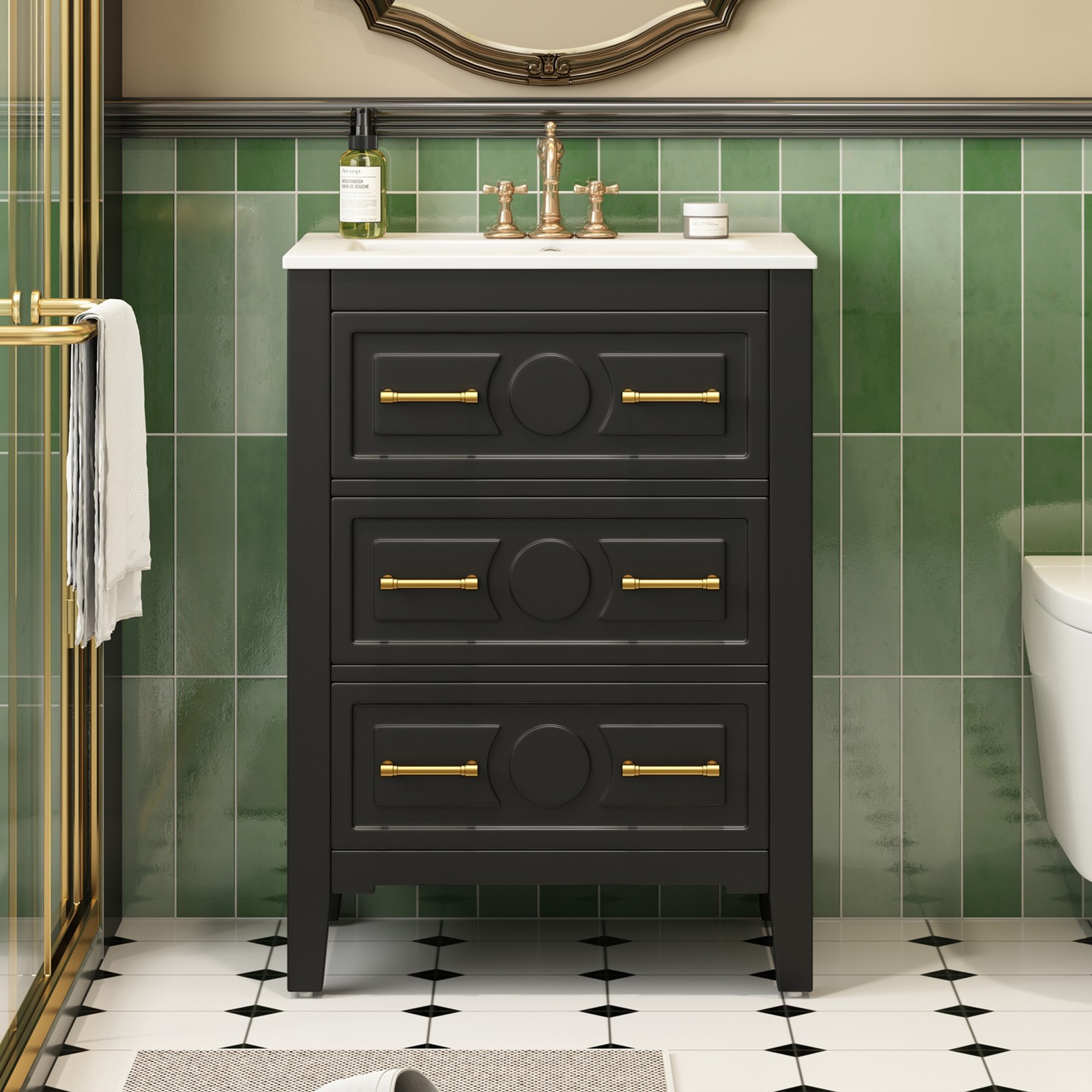 24” Bathroom Vanity with Ceramic Sink, 3 Drawers, Solid Wood Frame Retro Black