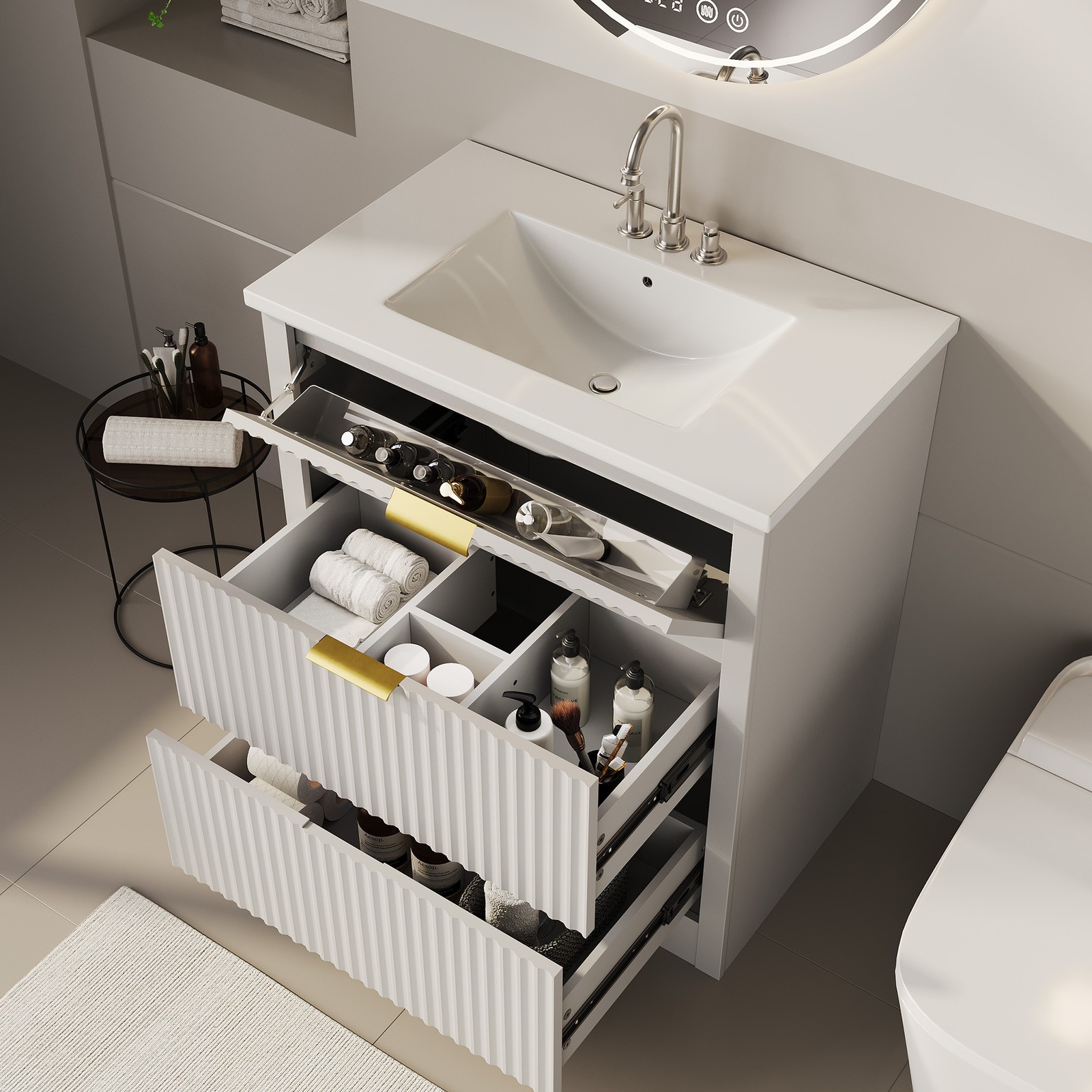 30″ Fluted Bathroom Vanity w/Sink, Freestanding Bathroom Sink Cabinet w/Drawers