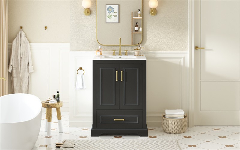 24in Black Bathroom Vanity with Ceramic Sink,Divider Drawer & 2 Soft-close Doors