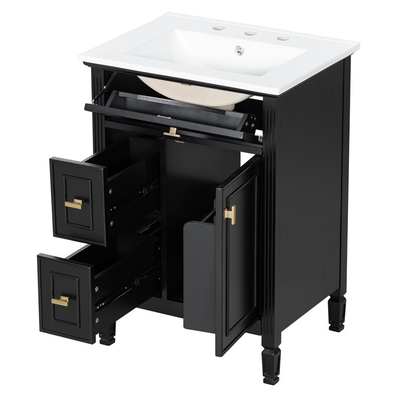 24-In Modern Bathroom Vanity with Ceramic Sink,Black Wood Cabinet with 3 Drawers