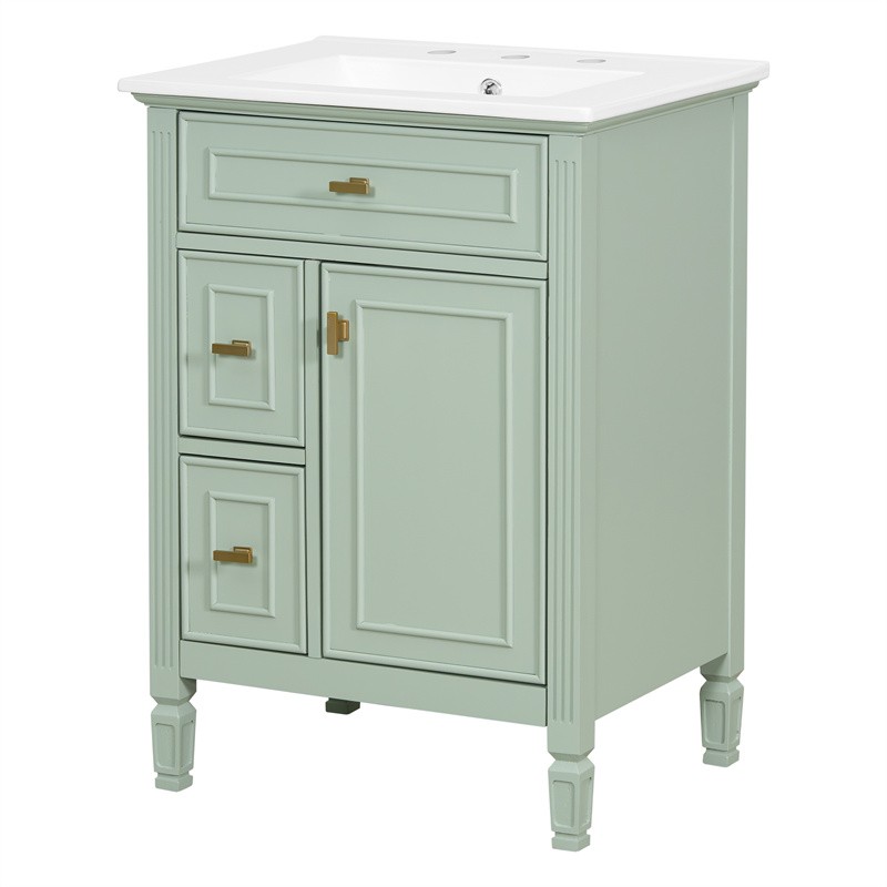 24-In Modern Bathroom Vanity with Ceramic Sink,Green Wood Cabinet with 3 Drawers