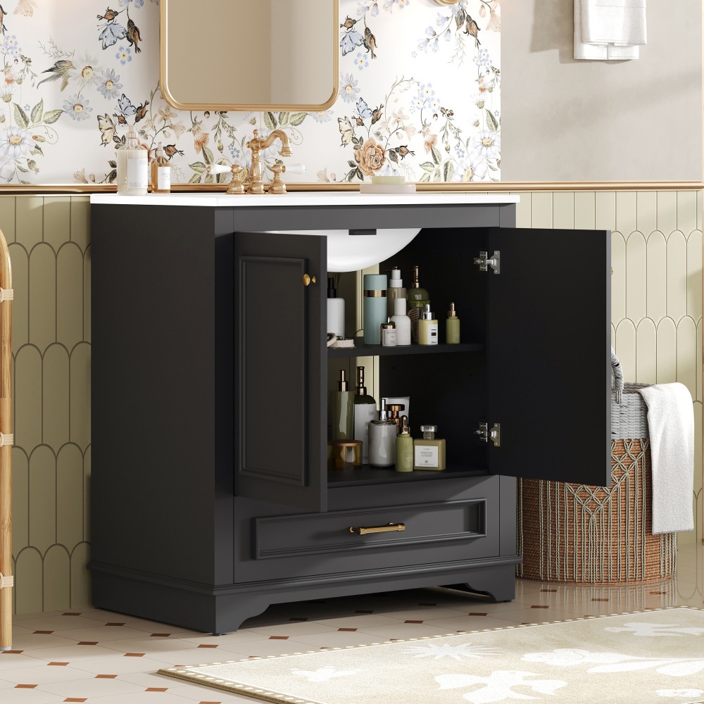 30″ Solid Wood Bathroom Vanity w/Ceramic Sink,2 Soft Close Doors,Storage Cabinet
