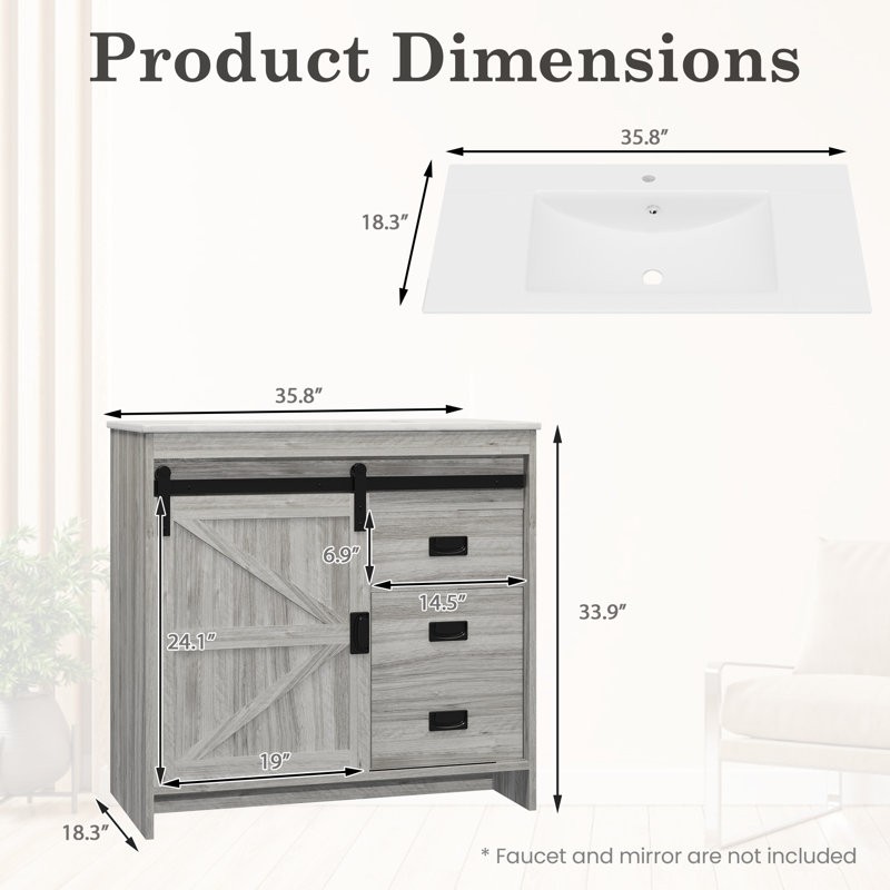 HOMMOW Farmhouse Single Bathroom Vanity with Top,Sliding Barn Door Sink Vanity