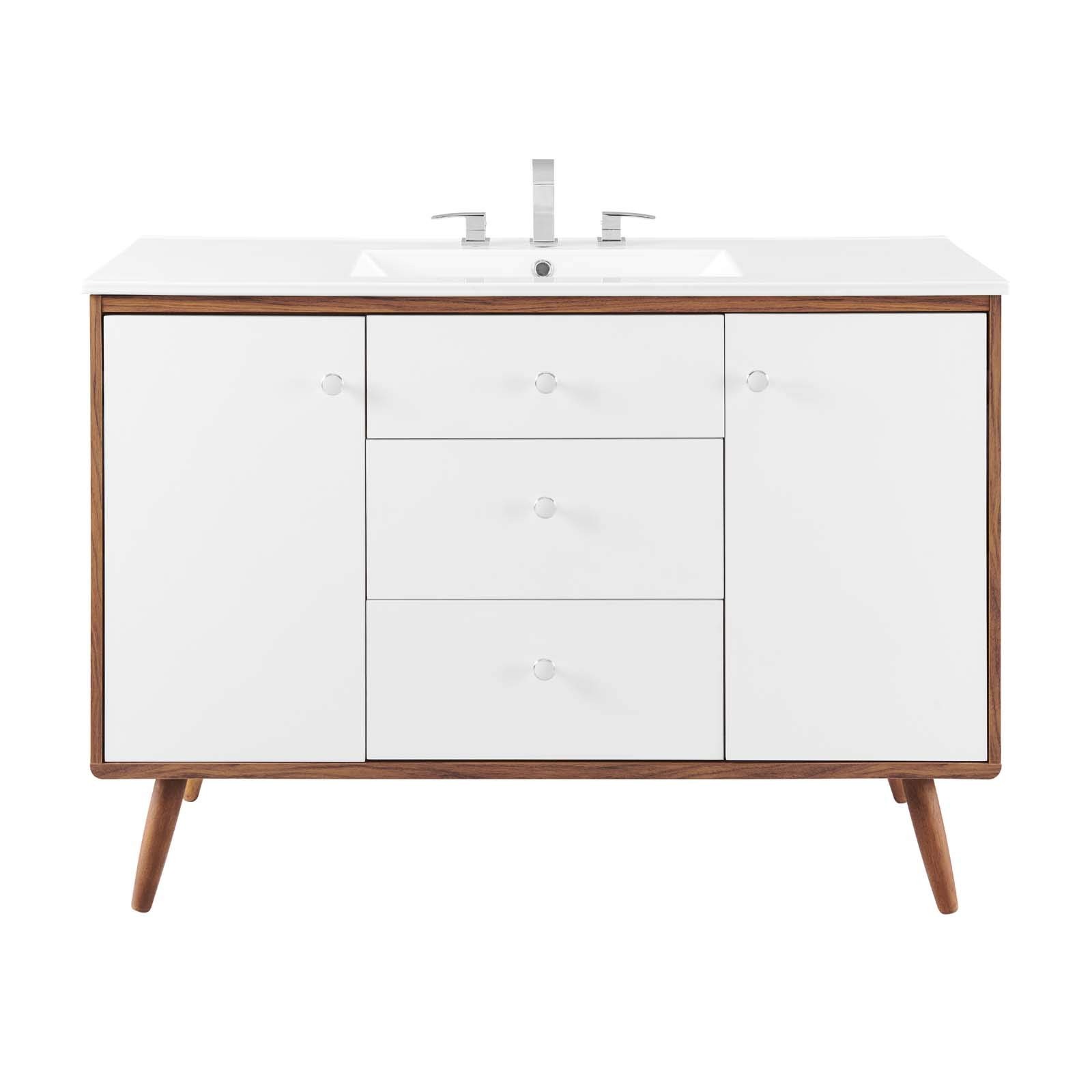 Modway Transmit 47″ Modern Wood Single Sink Bathroom Vanity in Walnut/White