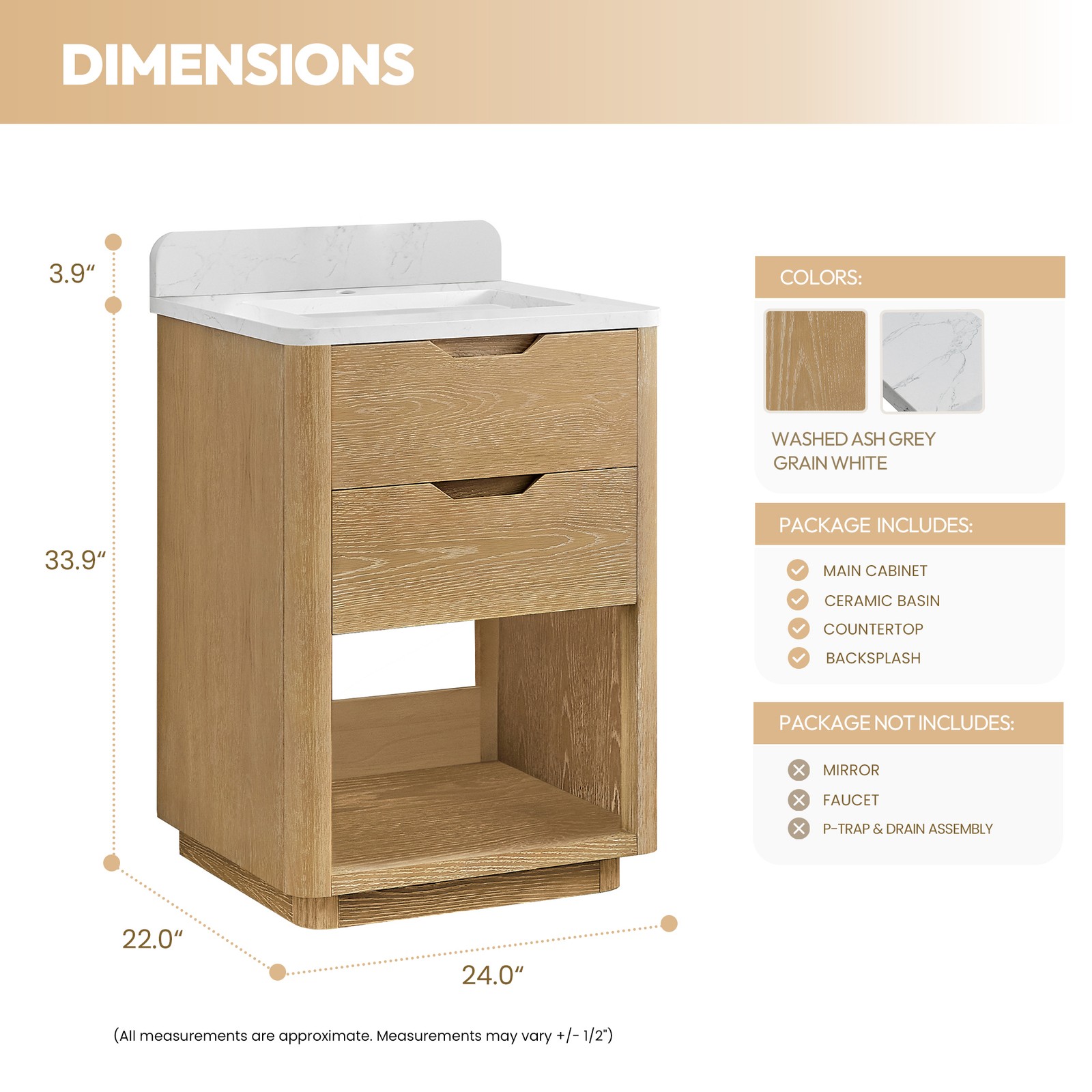 Harbin 24″ Single Bath Vanity in Washed Ash Grey with White Grain Stone Top
