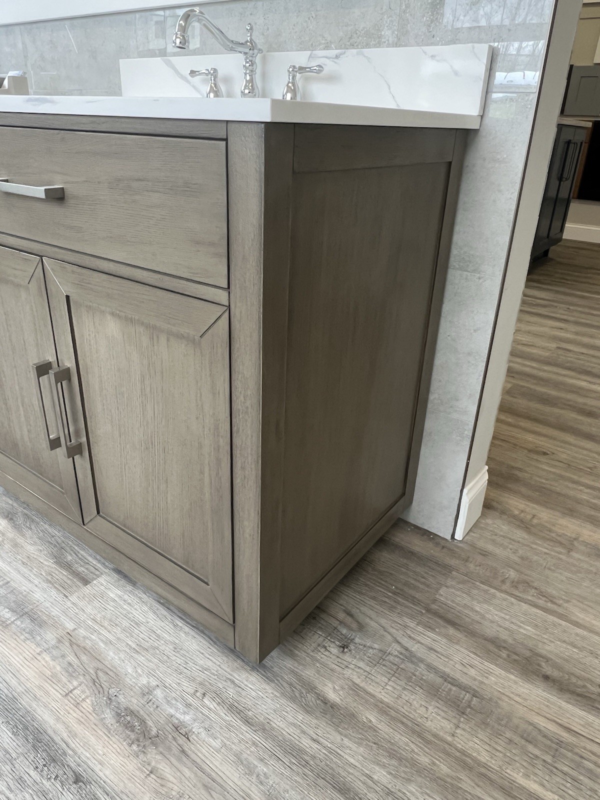 floor model Sale! 36” Gray Oak Bathroom Vanity With Quartz Top & Backsplash