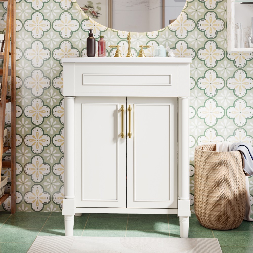 24in Bathroom Vanity Integrated Ceramic Sink 2 Doors Small Medium Restroom