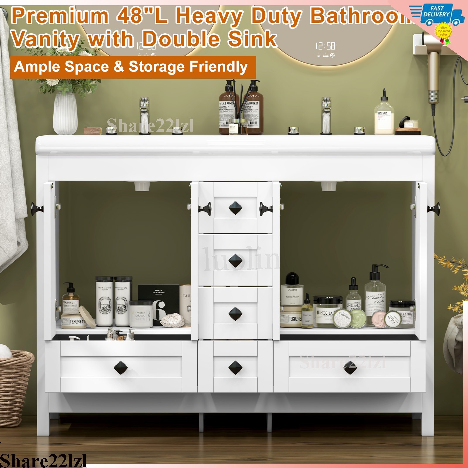 47inch Bathroom Vanity Bathroom Storage Cabinet with Double Ceramic Sink White