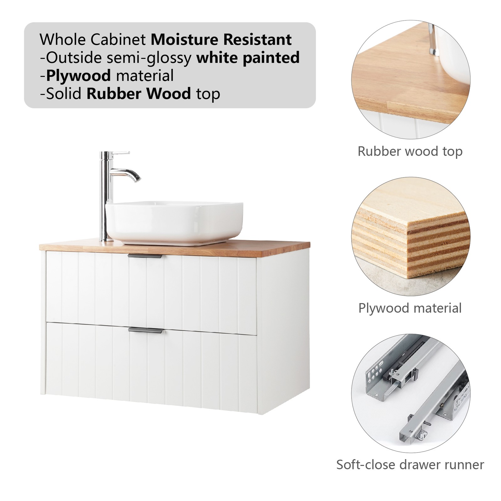 32 Inch Double Drawer Wall Mount Bathroom Vanity White Cabinet Solid Wood Top