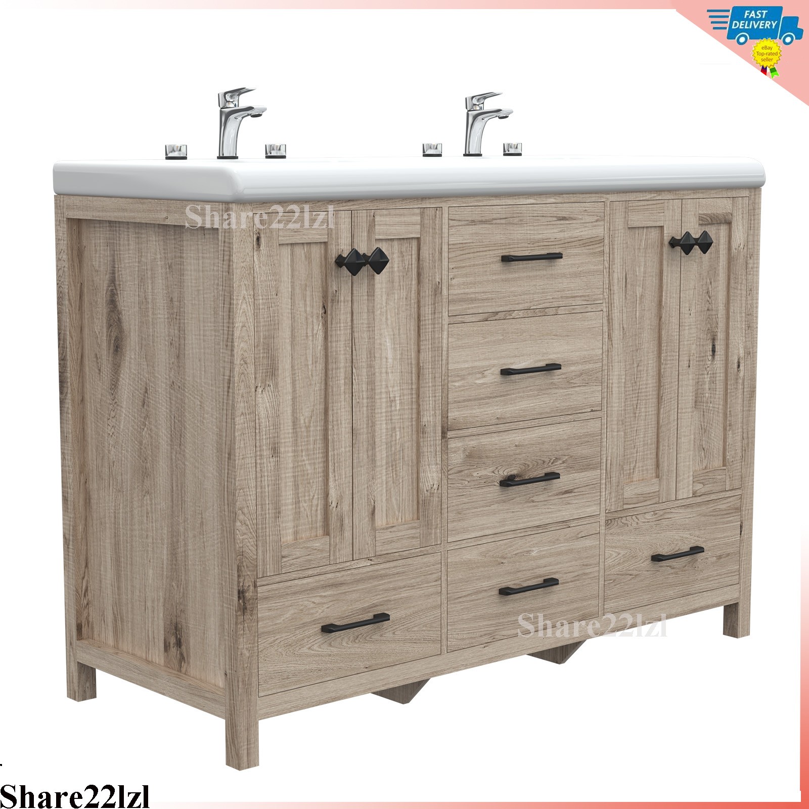 47″ Bathroom Vanity Set Double Sink Ceramic Freestanding Wood Cabinet w/ Drawers