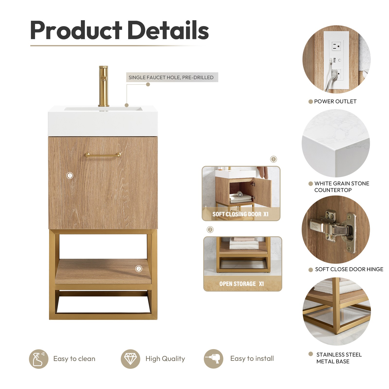 Vinnova Alistair 18″ White Stone Top Single Vanity in Oak without Mirror