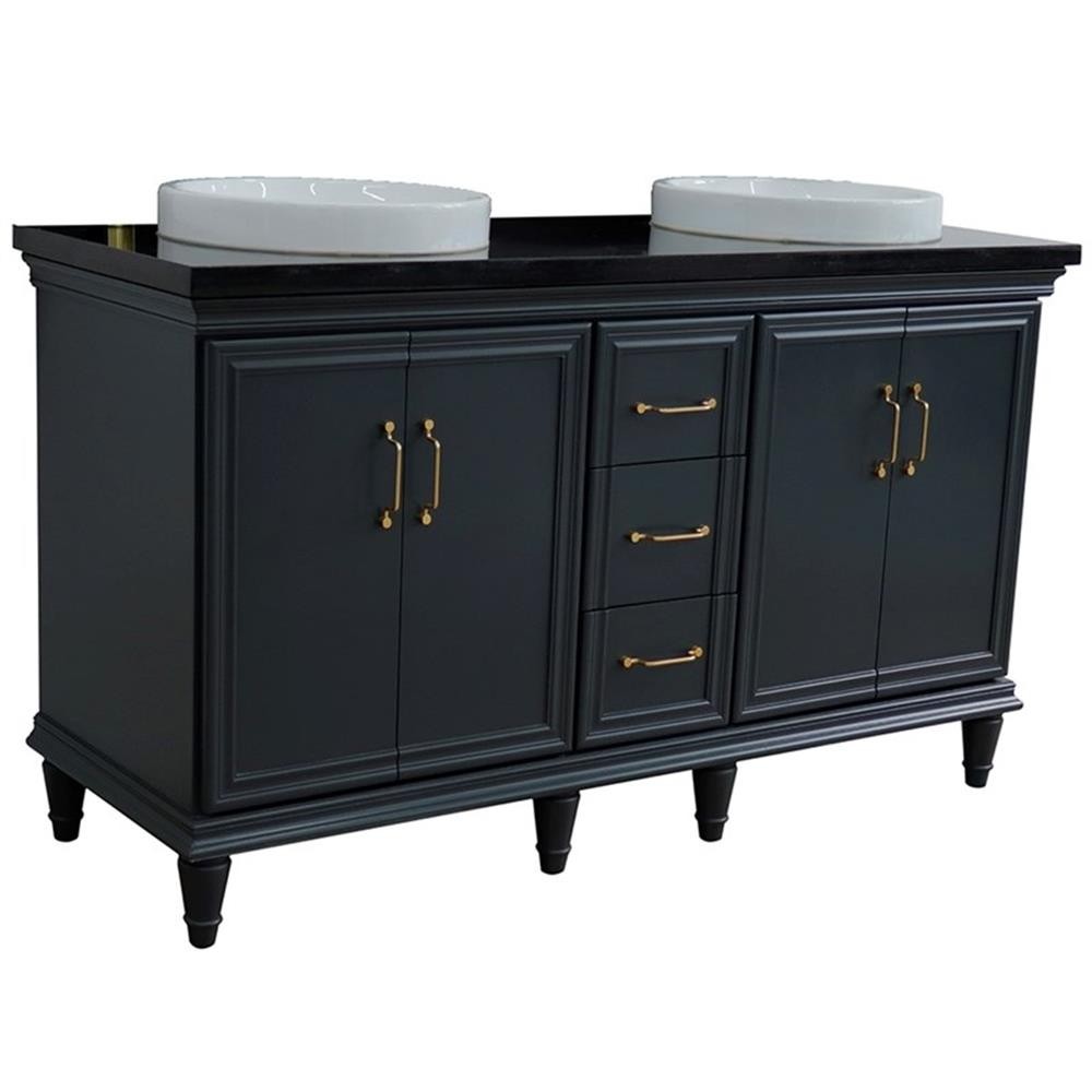 61 in. Double Wooden Vanity Dark Gray Black Galaxy Granite Round Sink