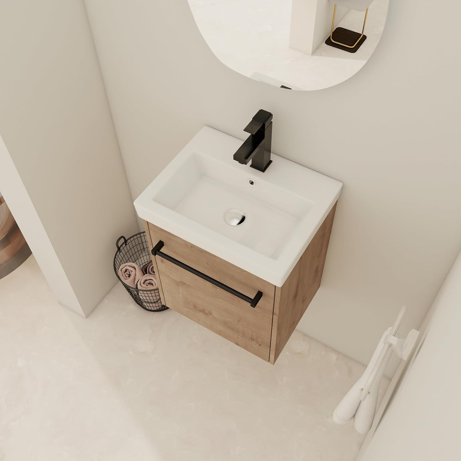 Compact 18” Floating Bathroom Vanity Cabinet with Sink – Imitative Oak Finish