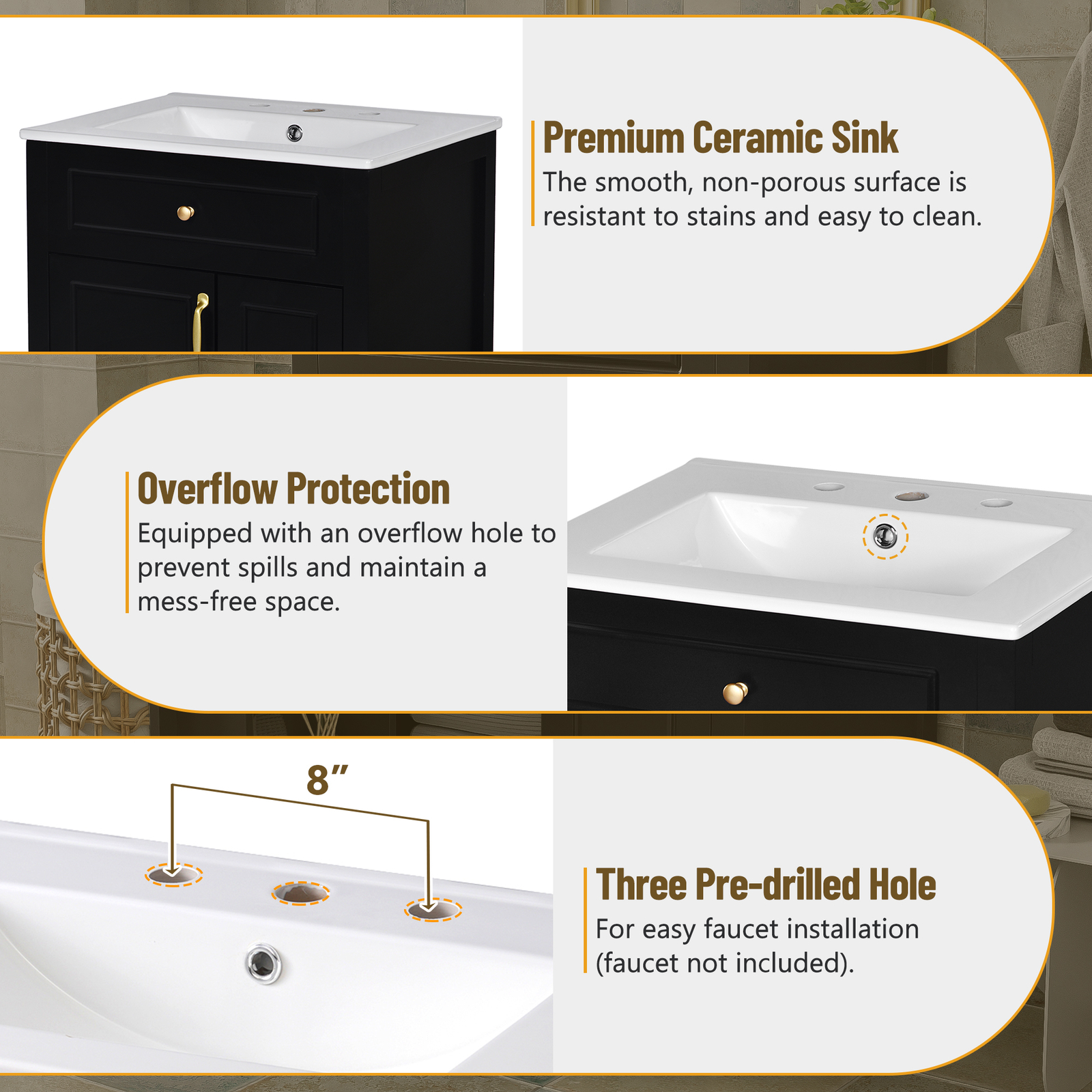 24Inch Bathroom Vanity Modern Bathroom Storage Cabinet with Ceramic Sink Black