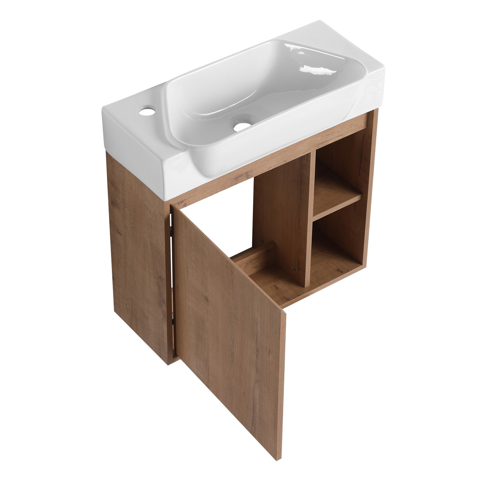 24in Plywood Wall-Mounted Bathroom Vanity W/ Ceramic Sink Basin Door Shelf Oak