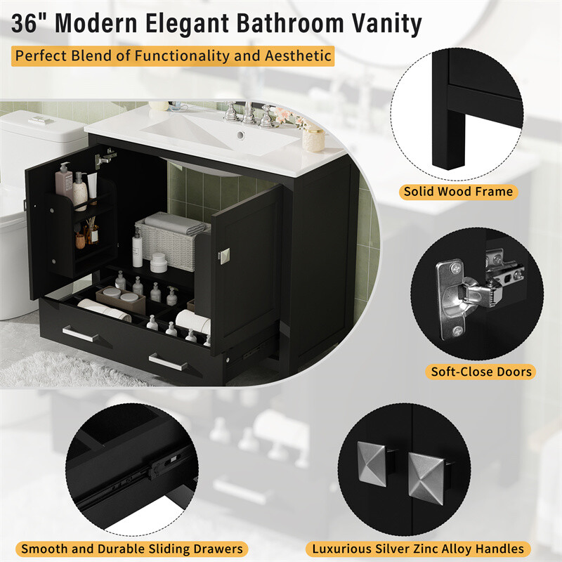 36″ Black Bathroom Vanity with Ceramic Sink Bathroom Cabinet with Ample Storage