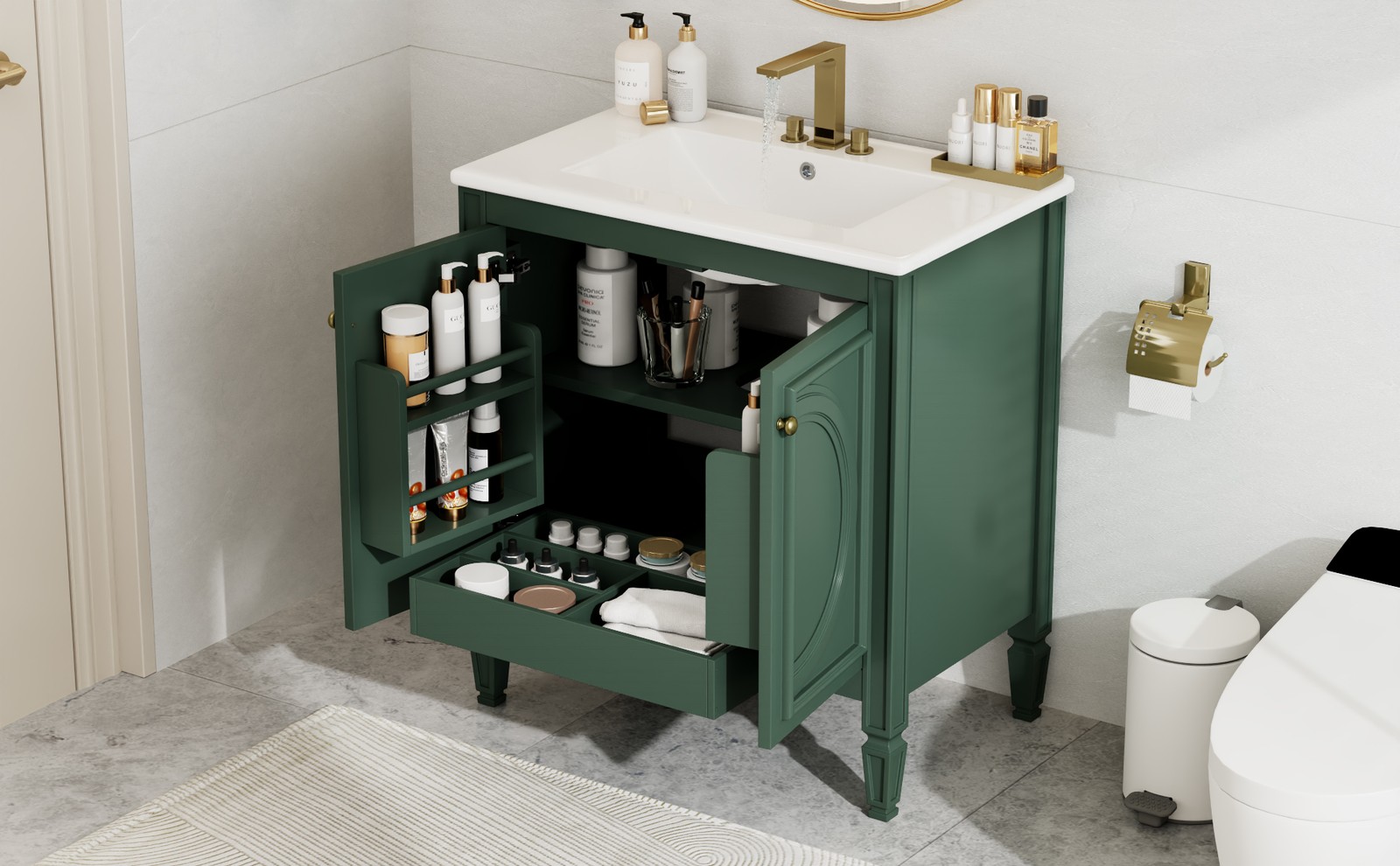 30″ Bathroom Vanity with Ceramic Sink, Two Doors & Drawer, Green
