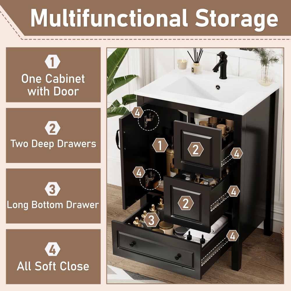 24 inch Bathroom Vanity with Sink, One Cabinet with Soft-closing Door