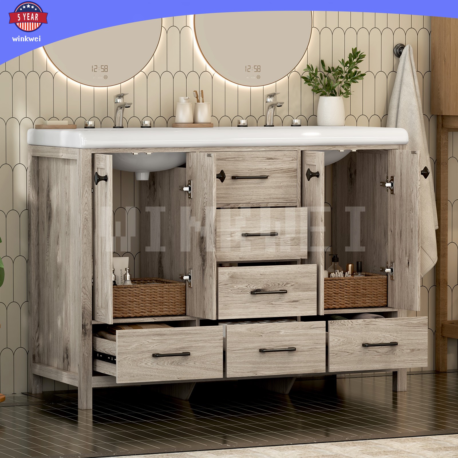 47.3″ Grey Bathroom Vanity Vanity Top Double Sink Ceramic 5 Drawer Freestanding