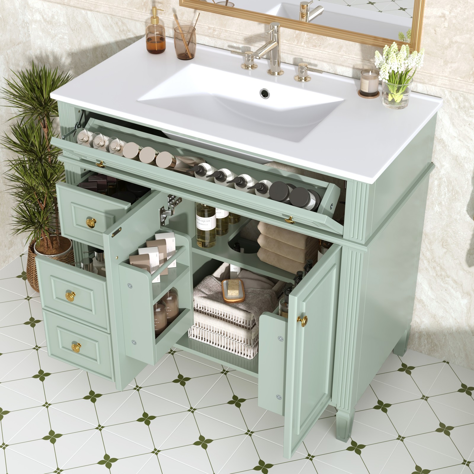 36″ Green Solid Wood Bathroom Vanity with Sink, 3 Drawers & 2 Doors