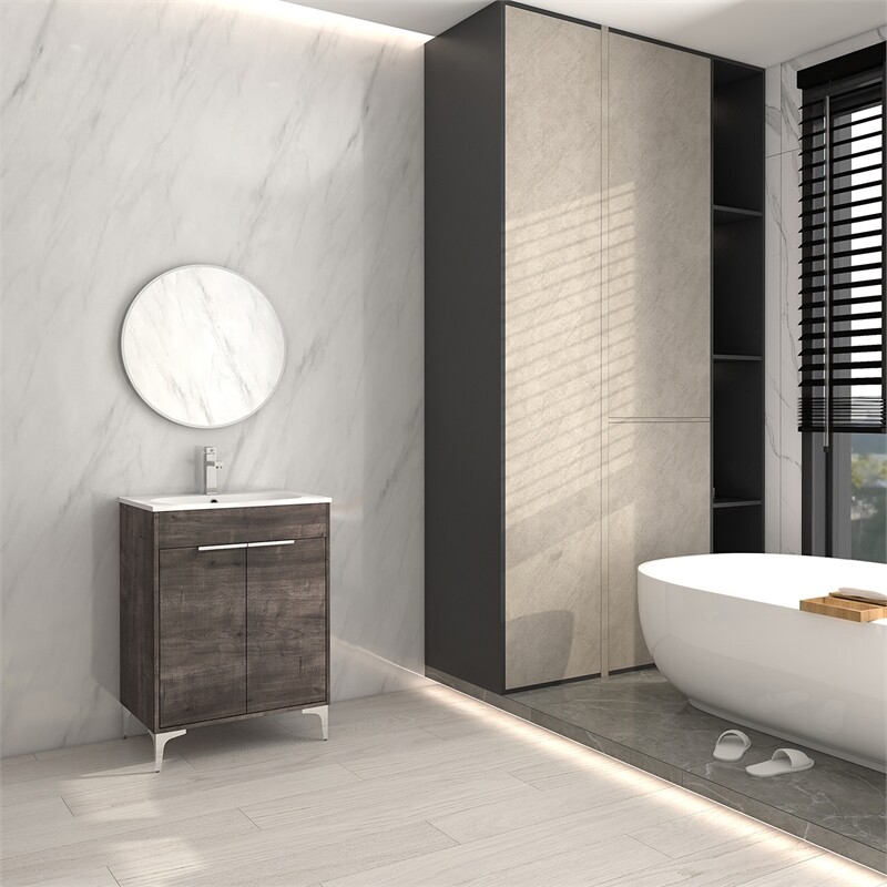 24 in. Single Vanity in Gray Oak finish with Solid Surface Resin White Sink
