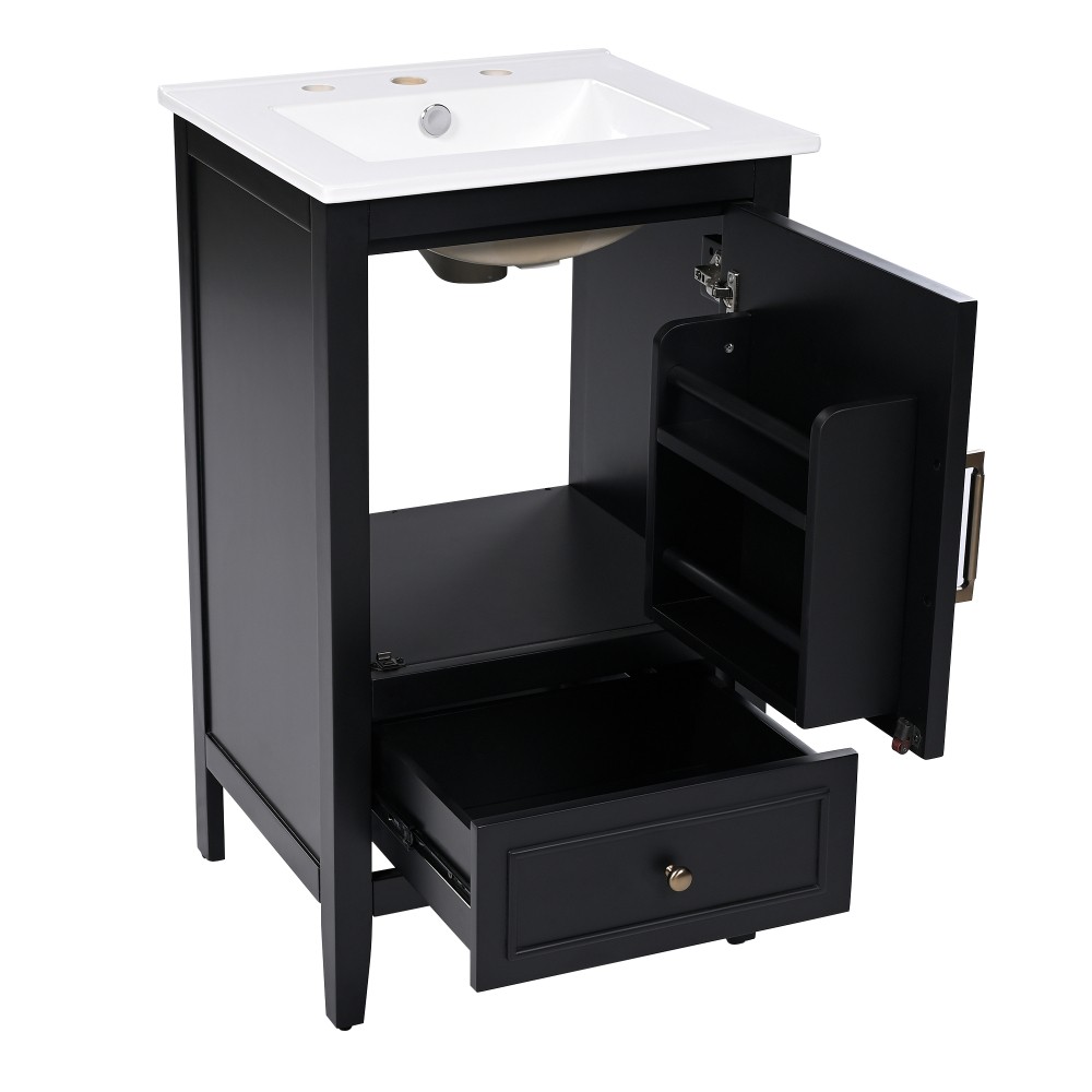 20″ Black Bathroom Vanity with Ceramic Sink Solid Wood MDF Cabinet