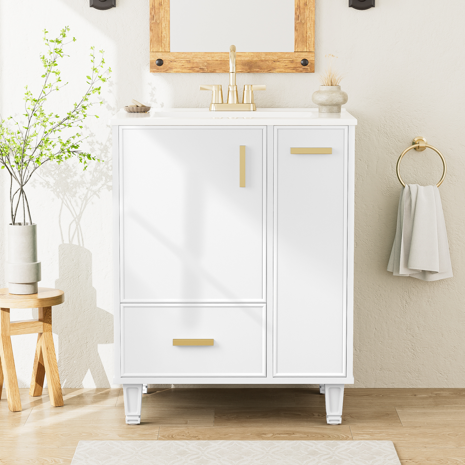 24″ Bathroom Vanity w/Ceramic Sink And Storage Cabinet Drawers Solid Wood Frame