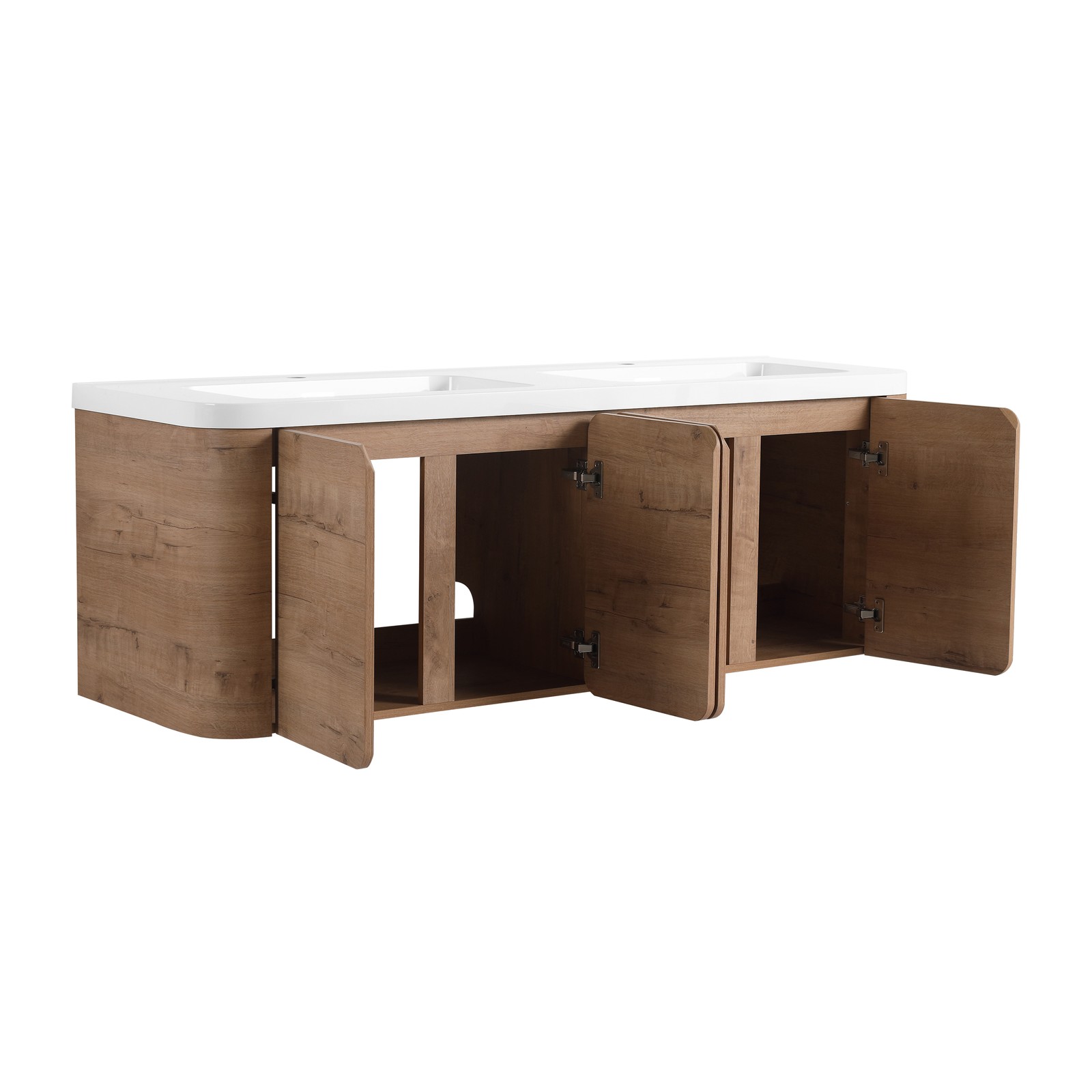 60in Plywood Wall-Mounted Bathroom Vanity with White Double Resin Sink 4 Doors