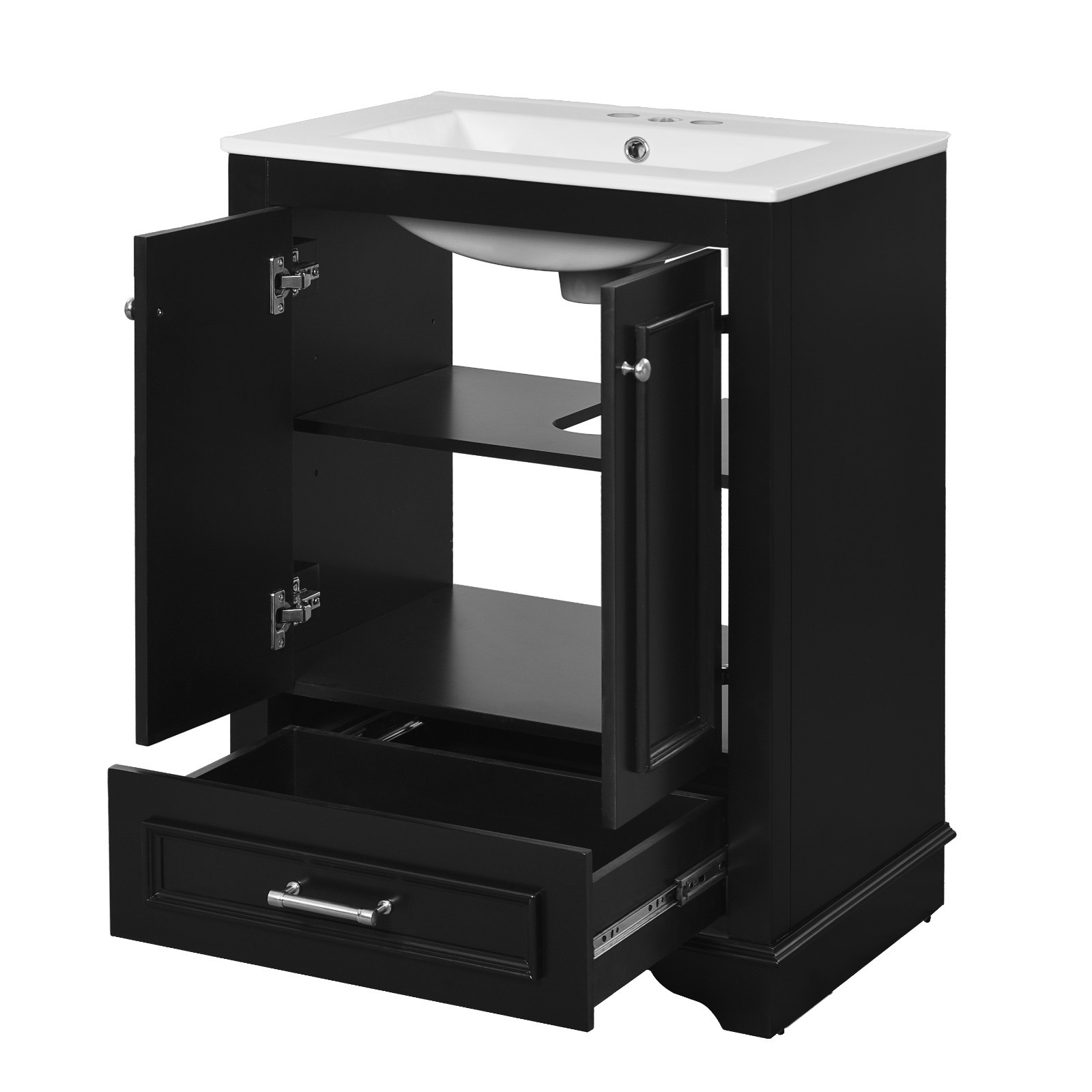 24″ Bathroom Vanity With Ceramic Sink Storage Cabinet Drawer Soft-Closing Doors