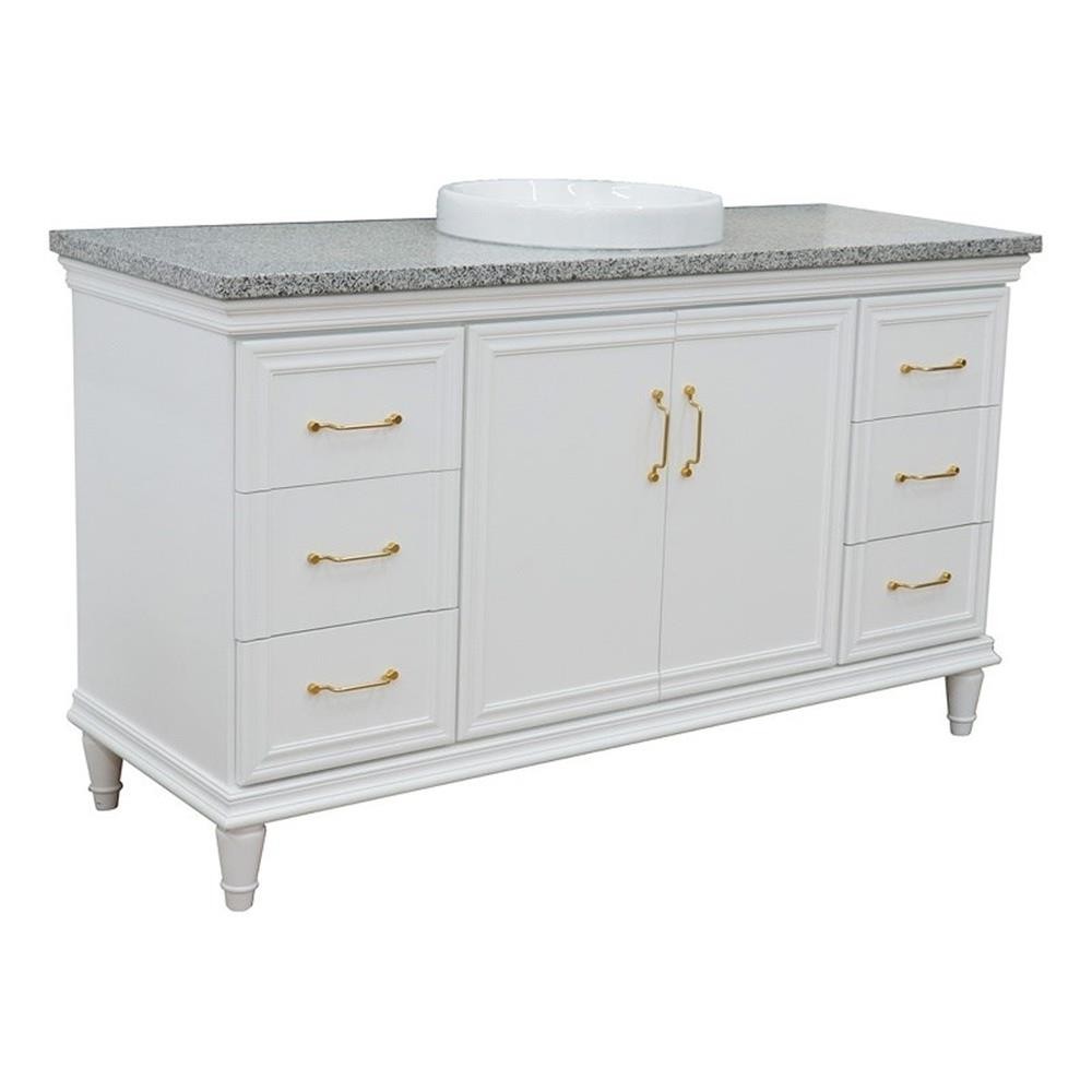 61 in. Single Wooden Vanity White with Gray Granite Round Sink